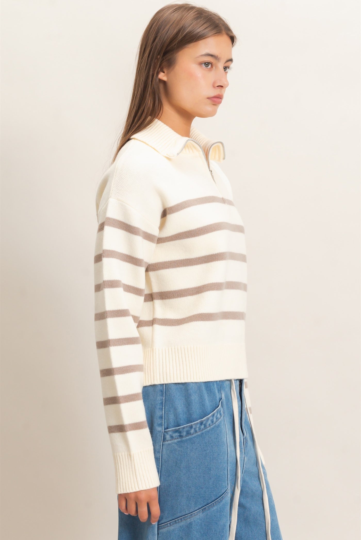 Wholesale Half-Zip Collared Stripe Sweater Sweaters DZ26E950 TAUPE DOUBLE ZERO