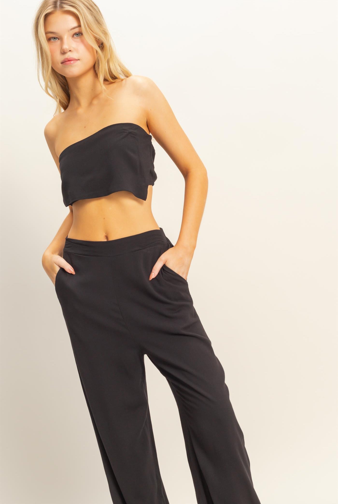Wholesale Stretch Linen Top And Pants Set Clothing HF25E016-SET BLACK HYFVE