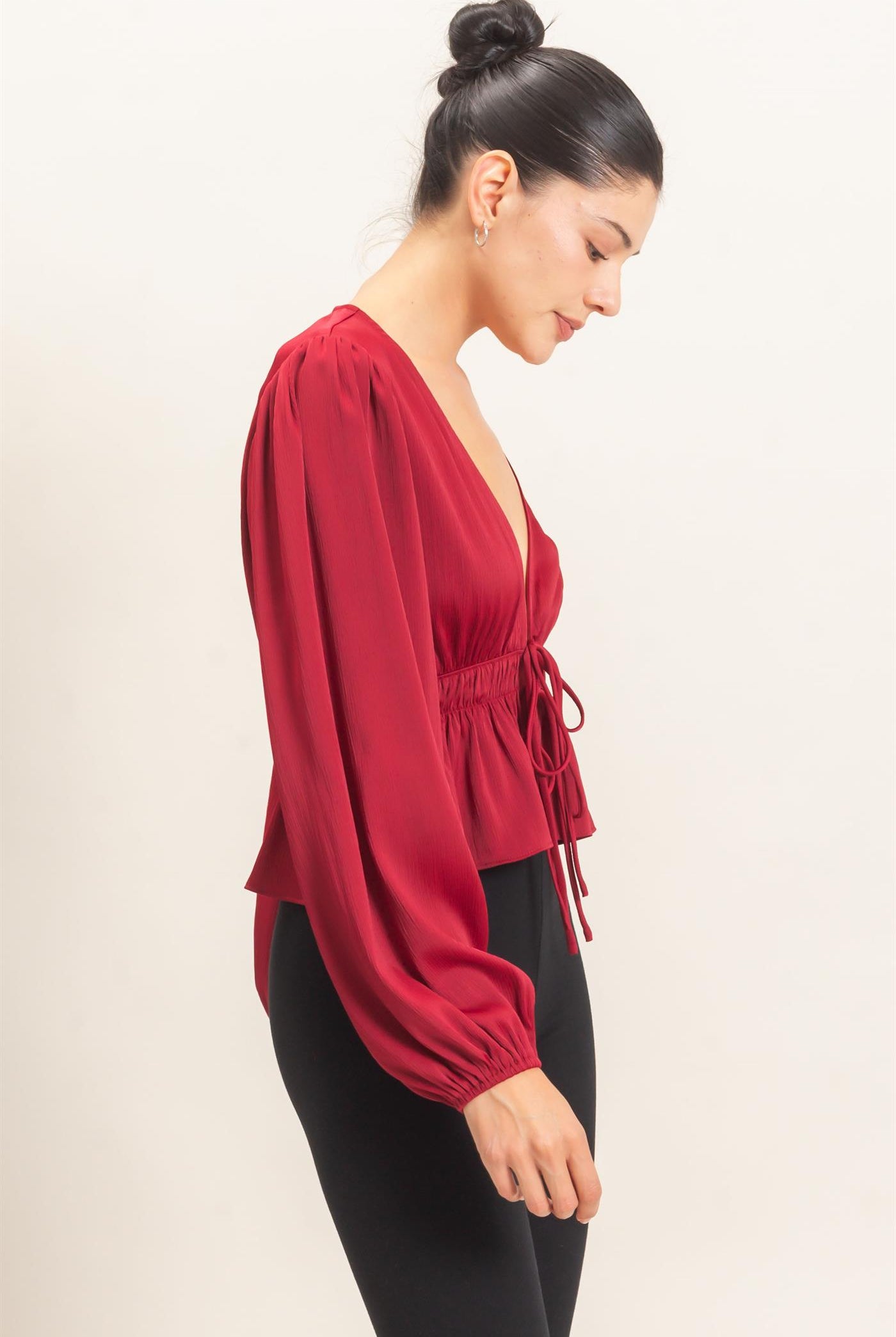 Wholesale Plunging Tie-Front Blouse Blouses HF26F082 BURGUNDY HYFVE