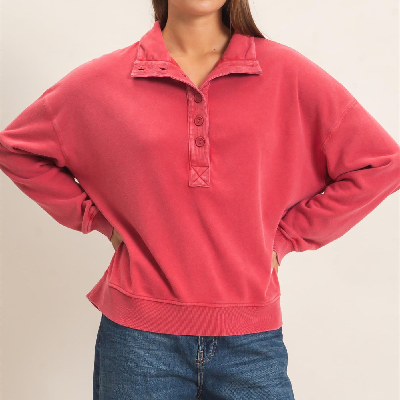 Wholesale Mineral Wash Button Front Sweatshirt Sweatshirts DZ26C909 DARK RED DOUBLE ZERO