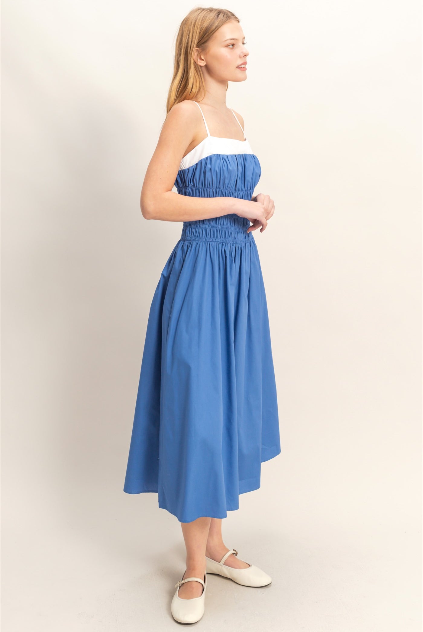 Wholesale Smocked Strapped Midi Dress Dresses HF26A624 BLUE HYFVE