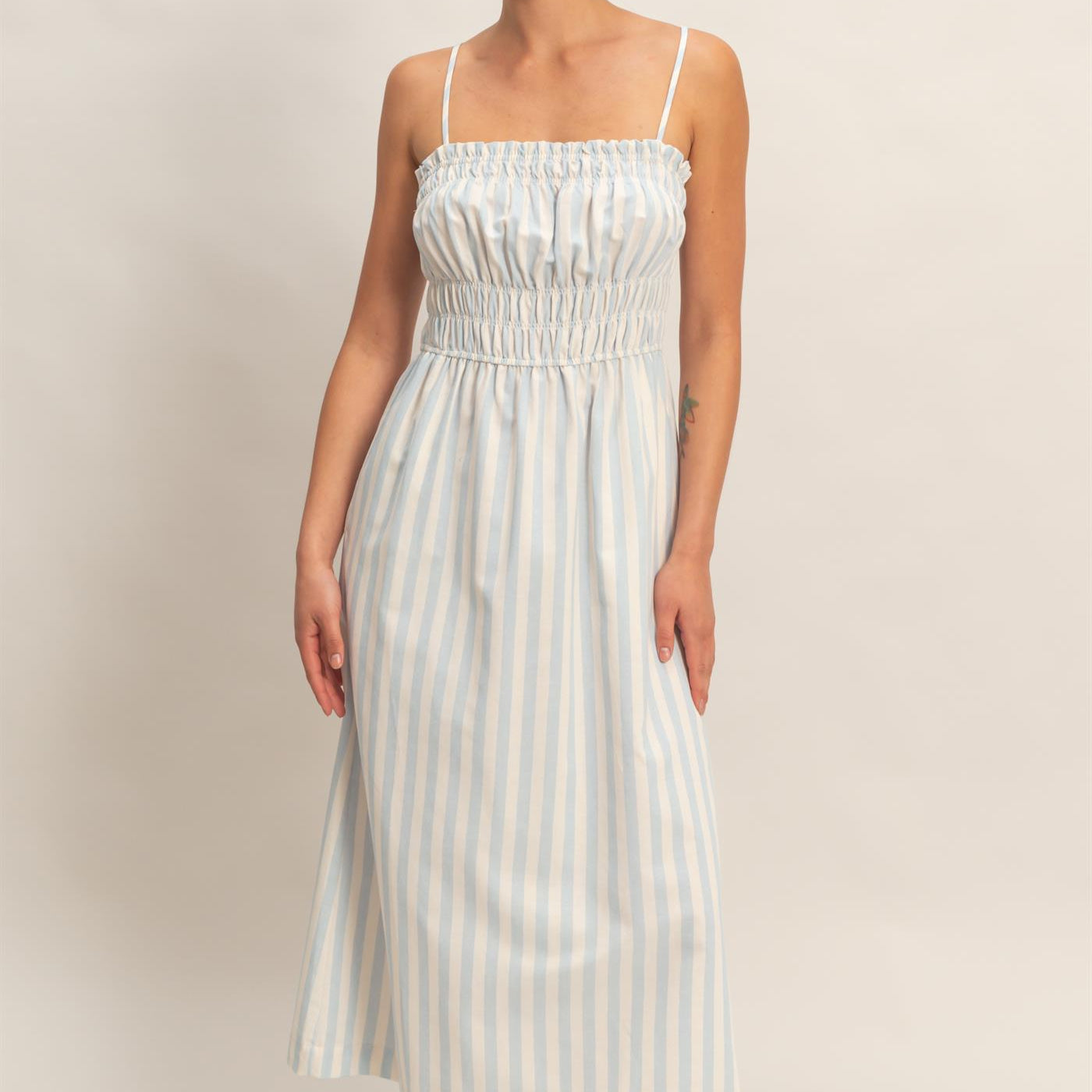 Wholesale Striped Spaghetti Strap Smocking Midi Dress Dresses DZ26C191 BLUE DOUBLE ZERO