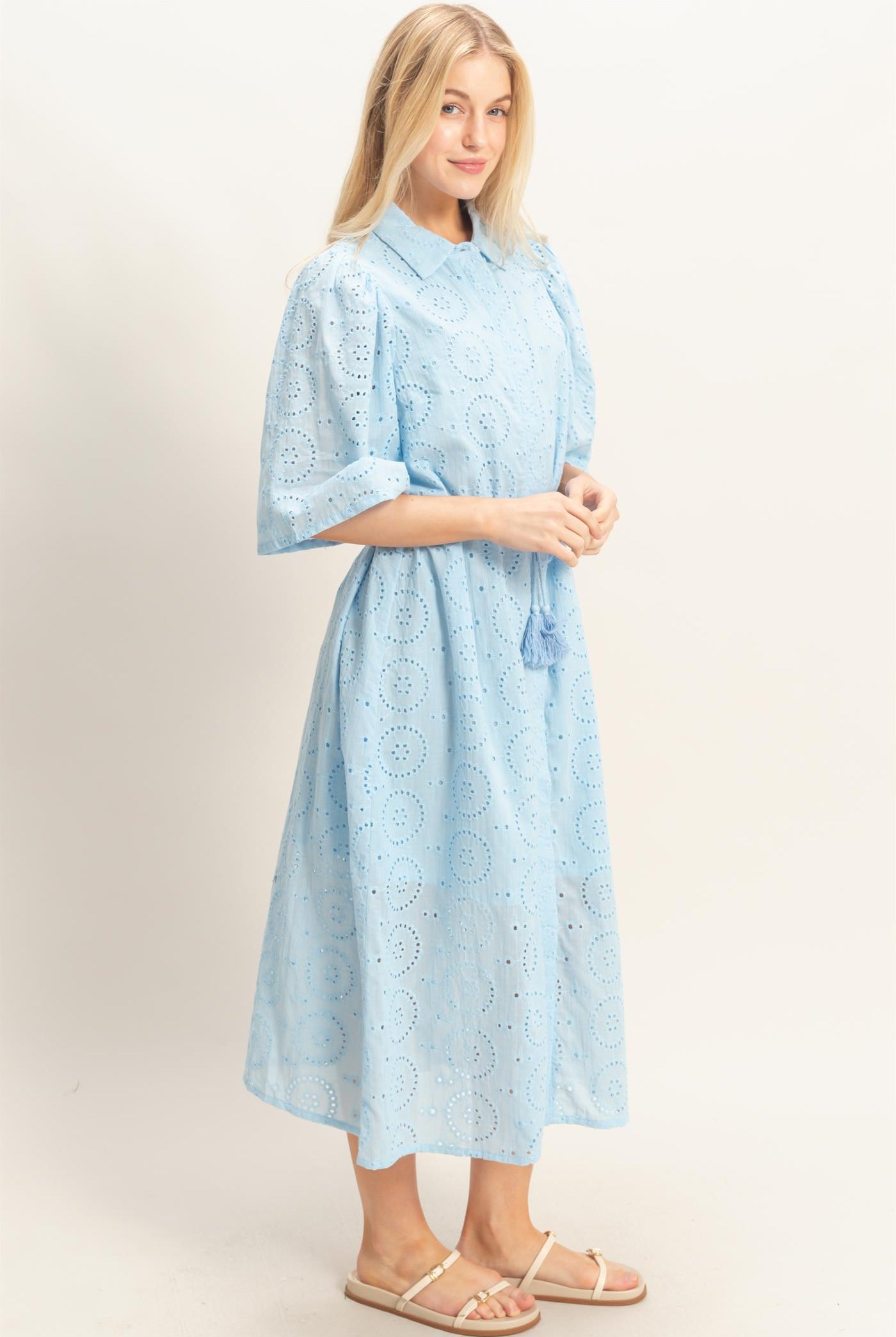 Wholesale Eyelet Collared Midi Dress Dresses HF26A021 L.BLUE HYFVE