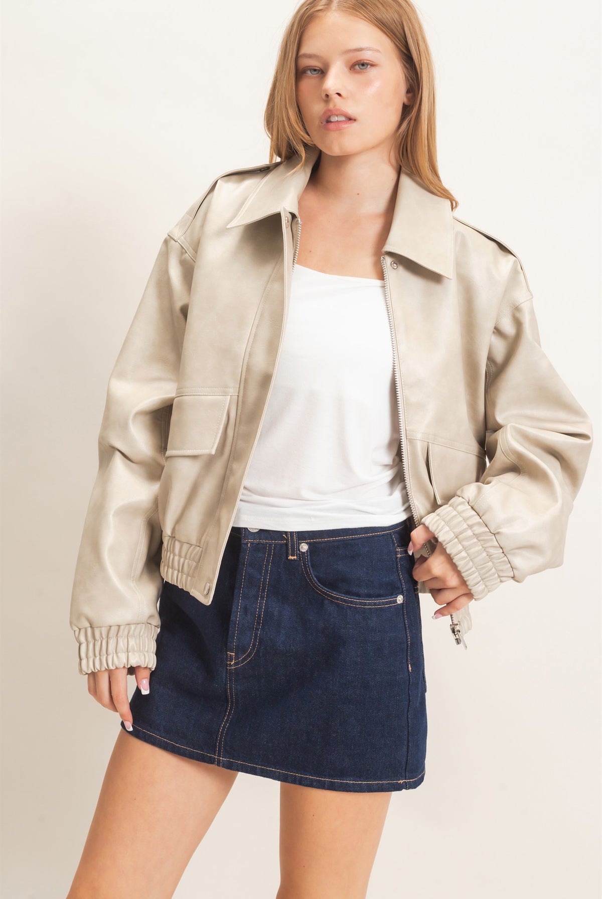 Wholesale Faux Leather Collared Bomber Jacket Bomber Jackets HF26C847 ECRU HYFVE