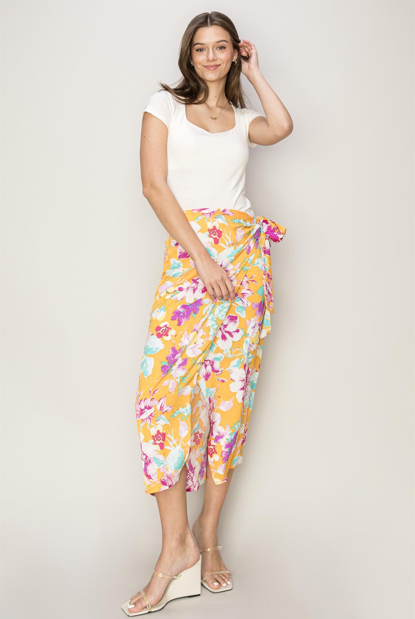 Wholesale Floral Print Wrap And Tie Skirt Skirts HF24A386 ORANGE HYFVE