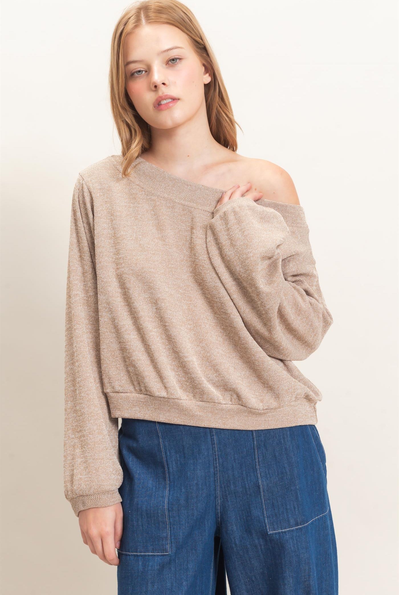 Wholesale Off Shoulder Knit Sweatshirt Blouses HF26F028 TAUPE HYFVE