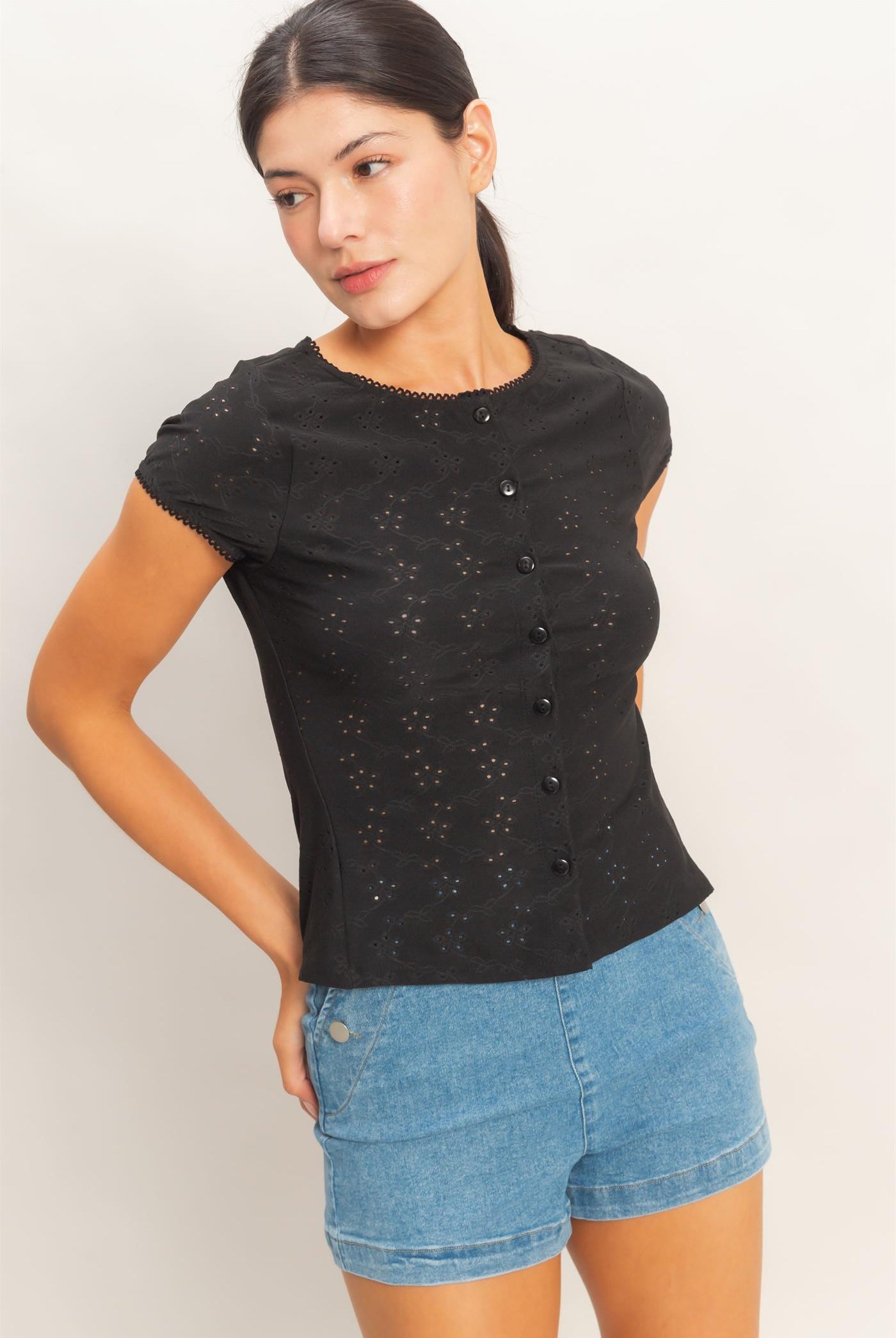 Wholesale Eyelet Button Front Knit Top Clothing Tops HF26C094 BLACK HYFVE