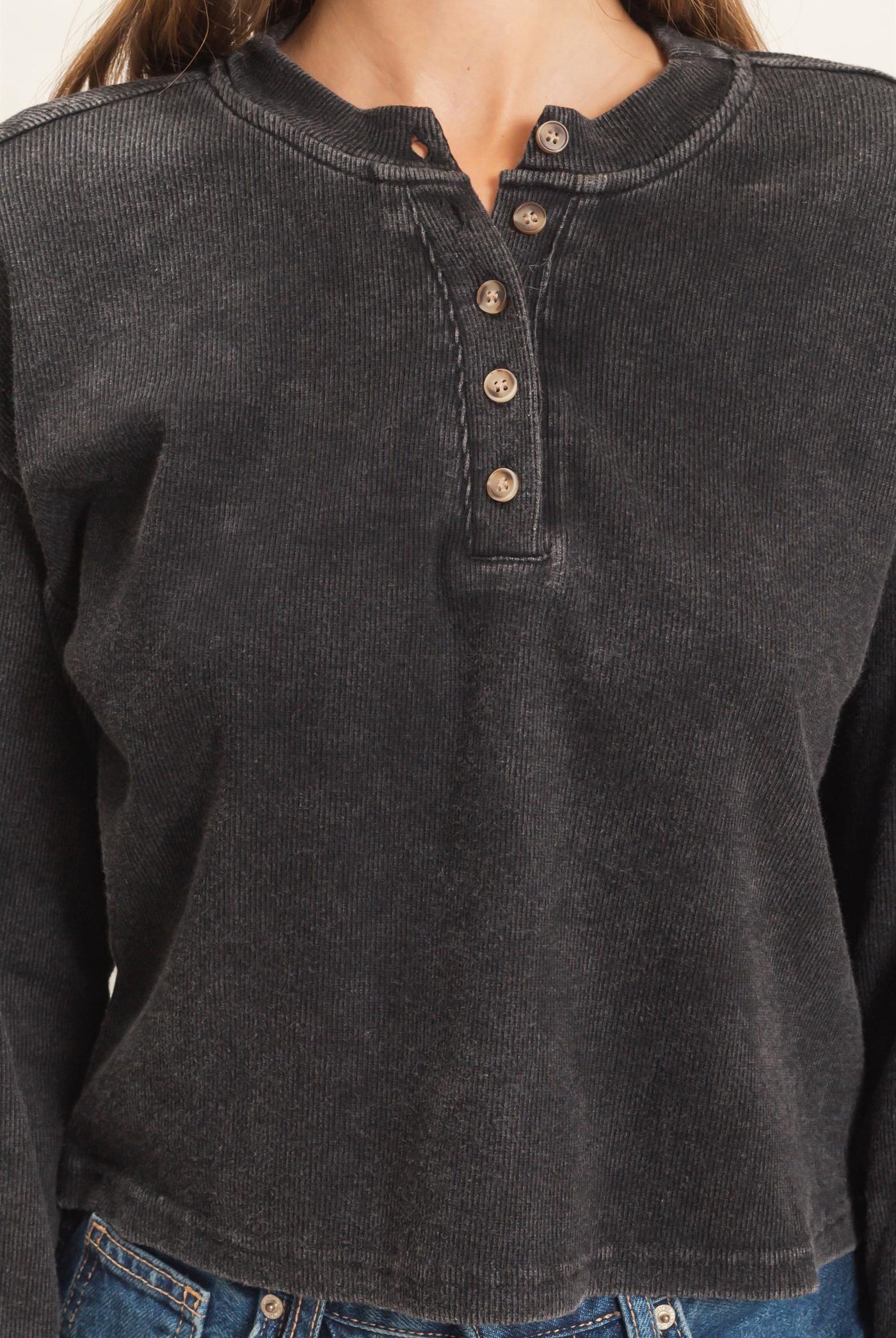 Wholesale Buttoned Henley Top Clothing Tops HF26F081 BLACK HYFVE