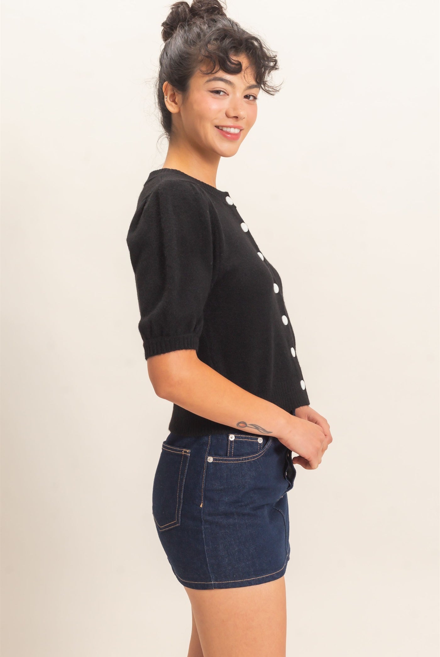 Wholesale Button Front Puff Short Sleeve Cardigan Cardigans DZ26C960 BLACK DOUBLE ZERO