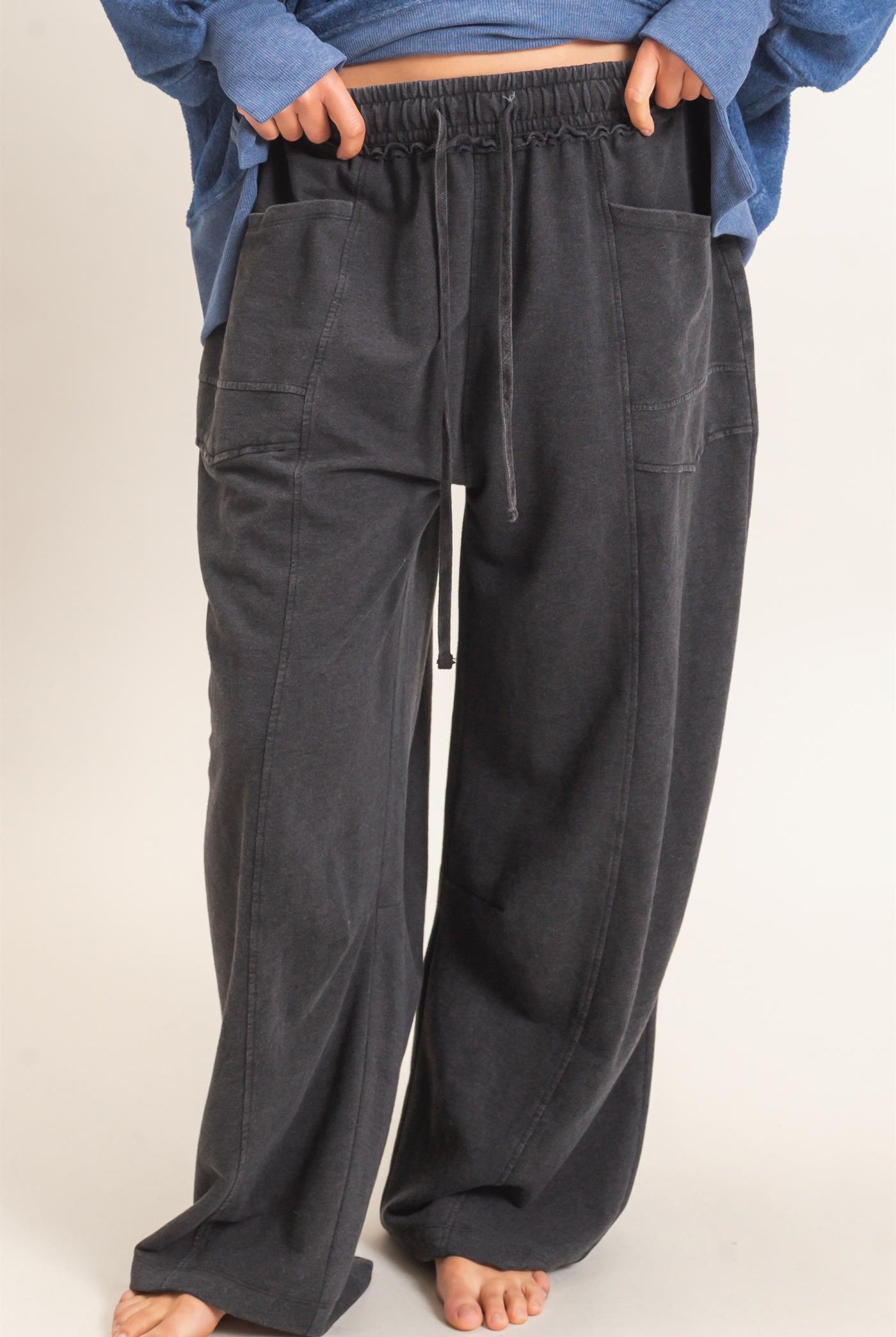 Wholesale Mineral Washed Barrel Sweatpants Pants DZ26F246 BLACK DOUBLE ZERO