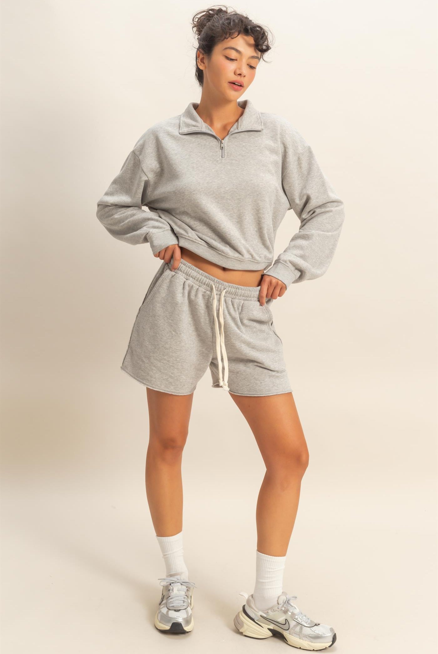 Wholesale Drawstring Burnout French Terry Shorts Shorts DZ26A328 HEATHER GRAY DOUBLE ZERO