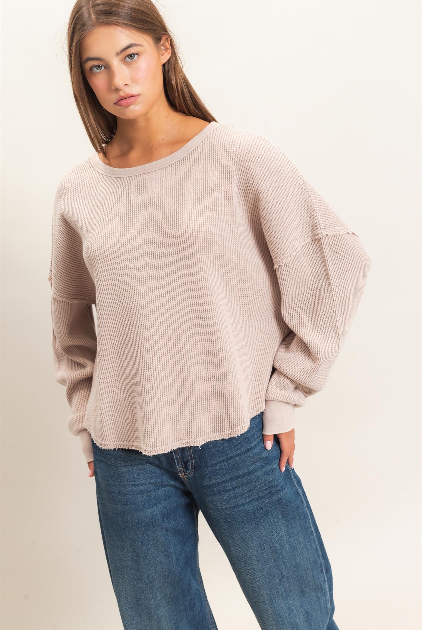 Wholesale Mineral Wash Waffle Oversized Top Clothing Tops DZ26E248 LIGHT TAUPE DOUBLE ZERO