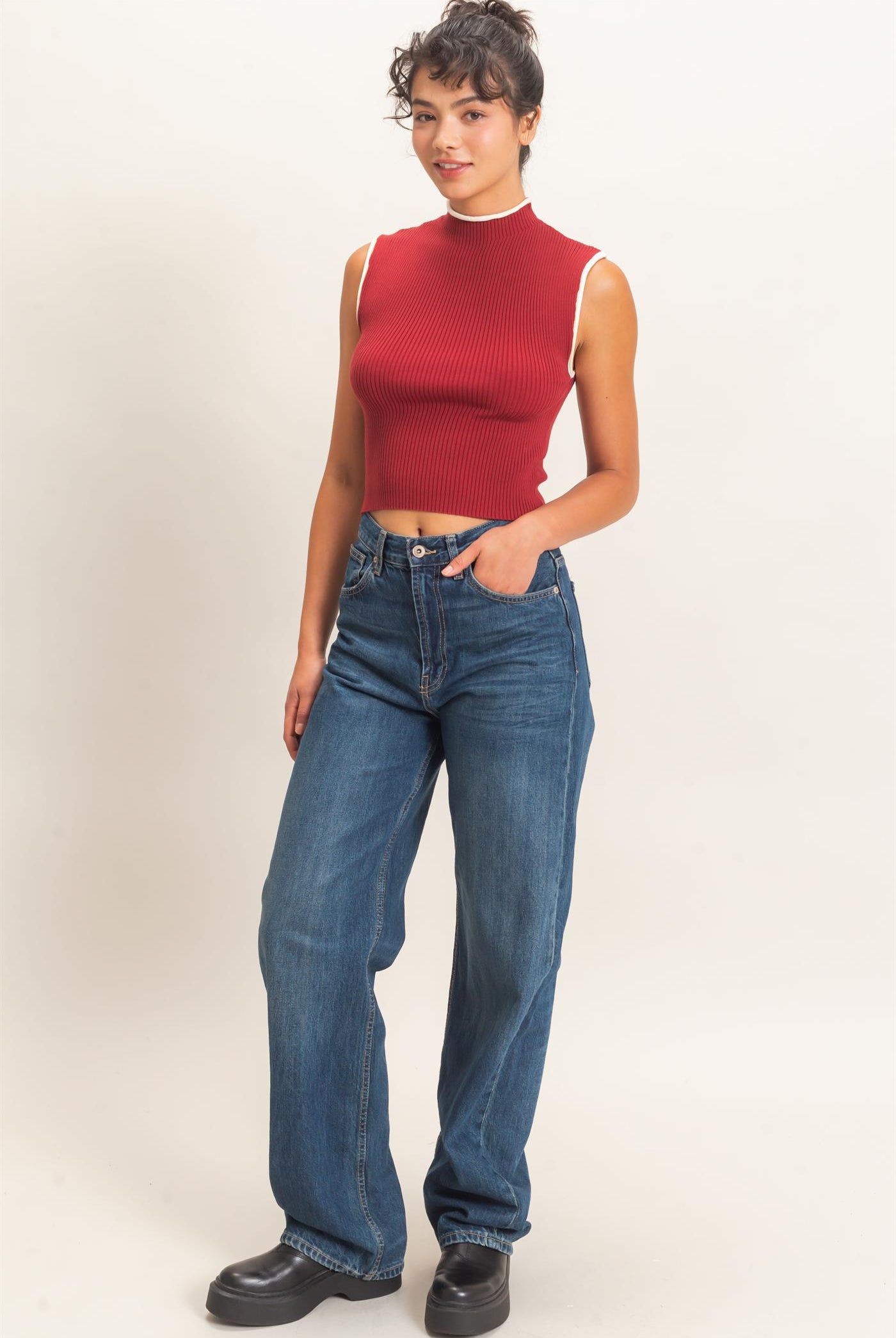 Wholesale Ribbed Mock Neck Sleeveless Top Clothing Tops DZ26E777 DARK RED DOUBLE ZERO