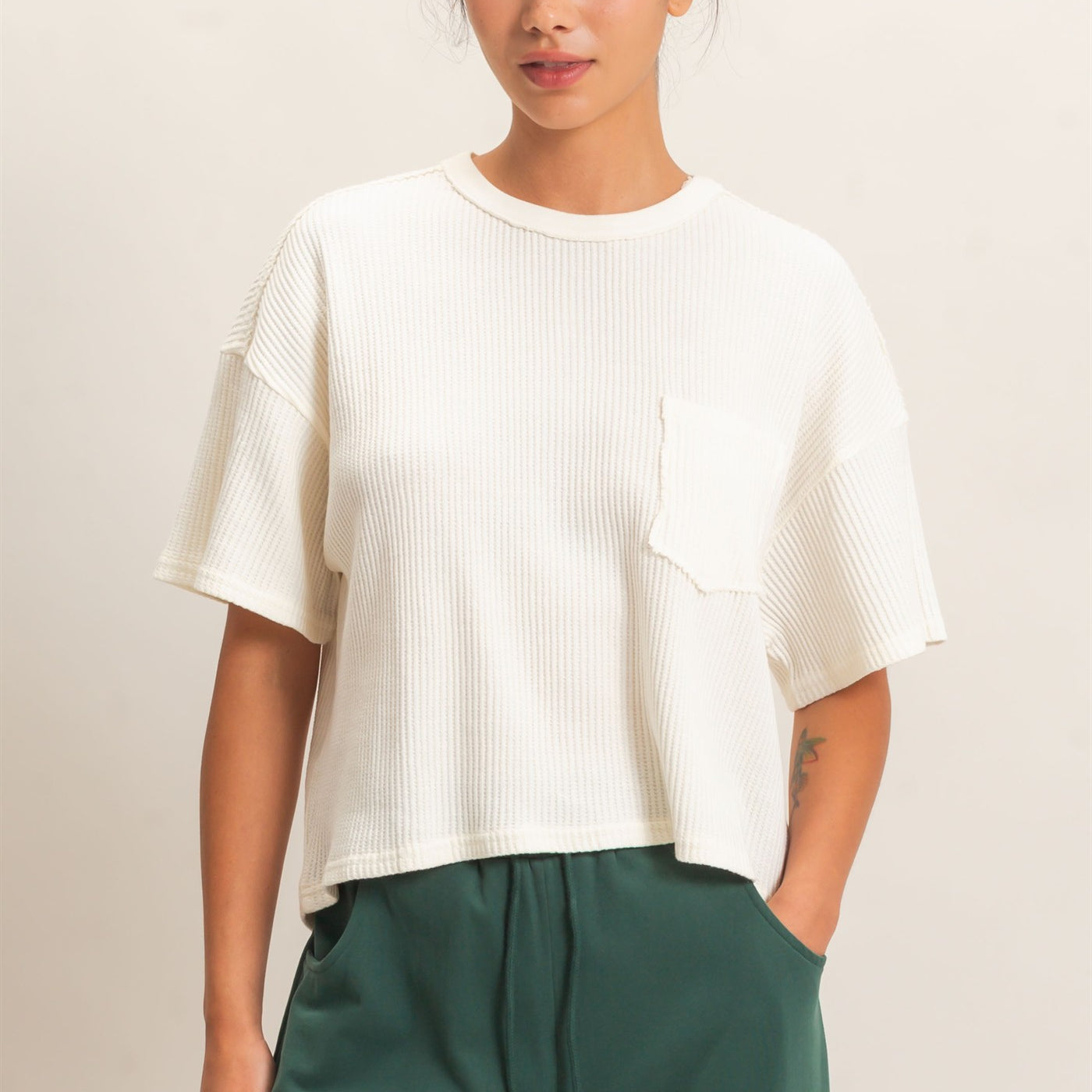 Wholesale Mineral Wash Waffle Knit Pocket Top Clothing Tops DZ26E222 CREAM DOUBLE ZERO