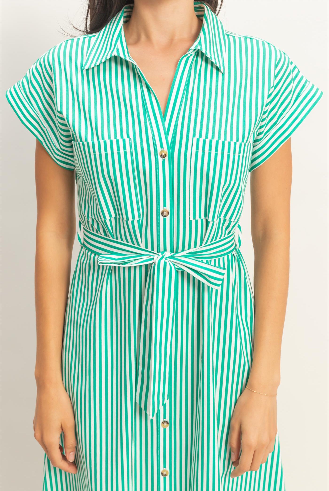 Wholesale Striped Poplin Belted Shirt Dress With Pockets Dresses DZ26C129 GREEN DOUBLE ZERO