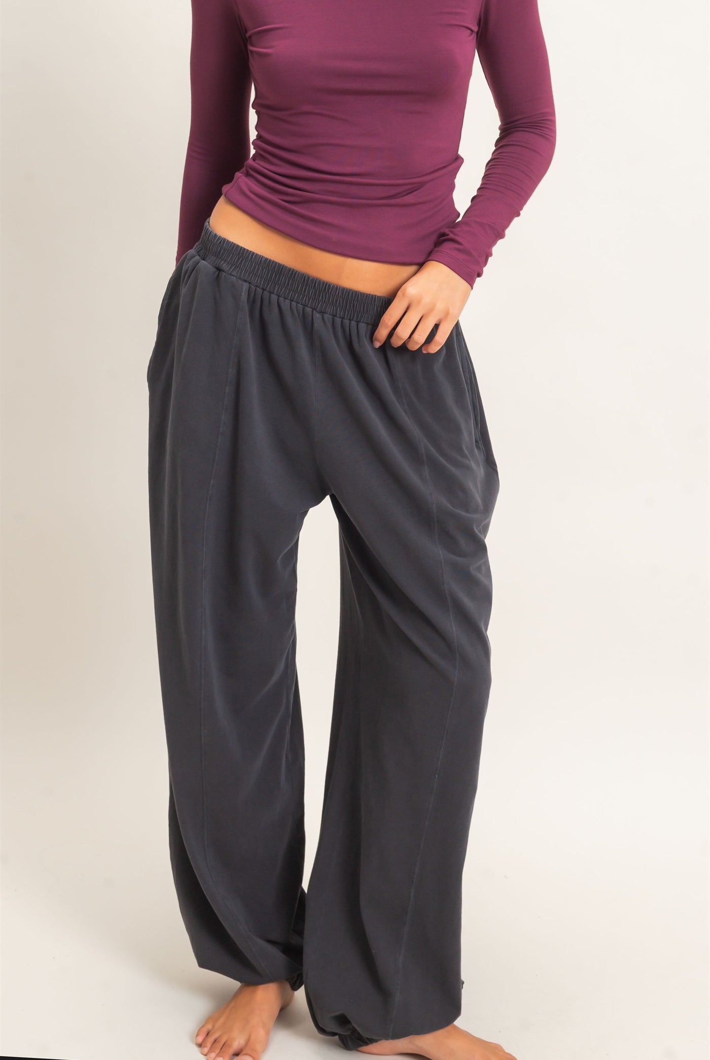 Wholesale Mineral Wash Elastic Waist Jogger Pants Joggers DZ26F405 BLACK DOUBLE ZERO