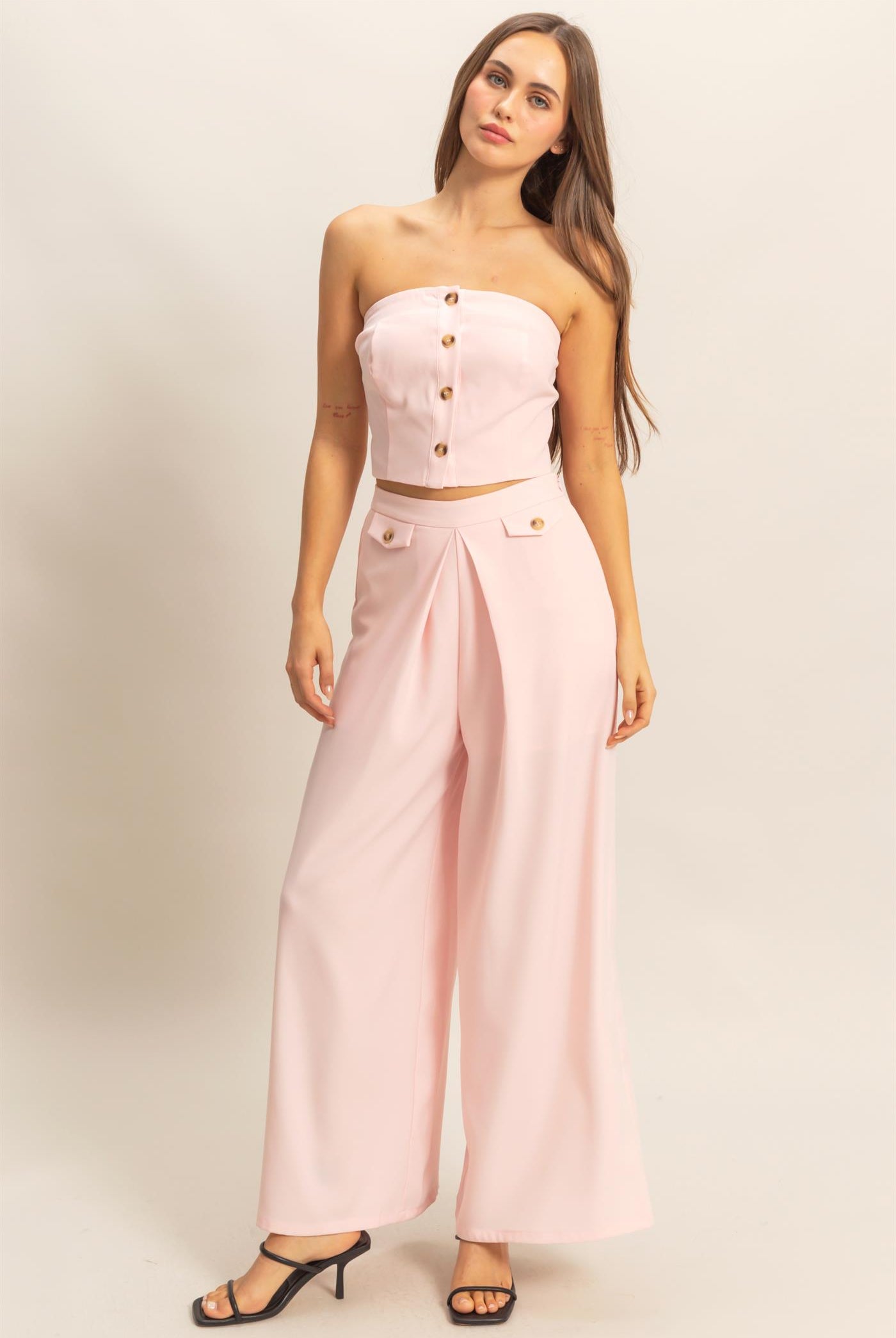 Wholesale Strapless Buttoned Top And Pants Set Clothing HF25E017-SET L.PINK HYFVE