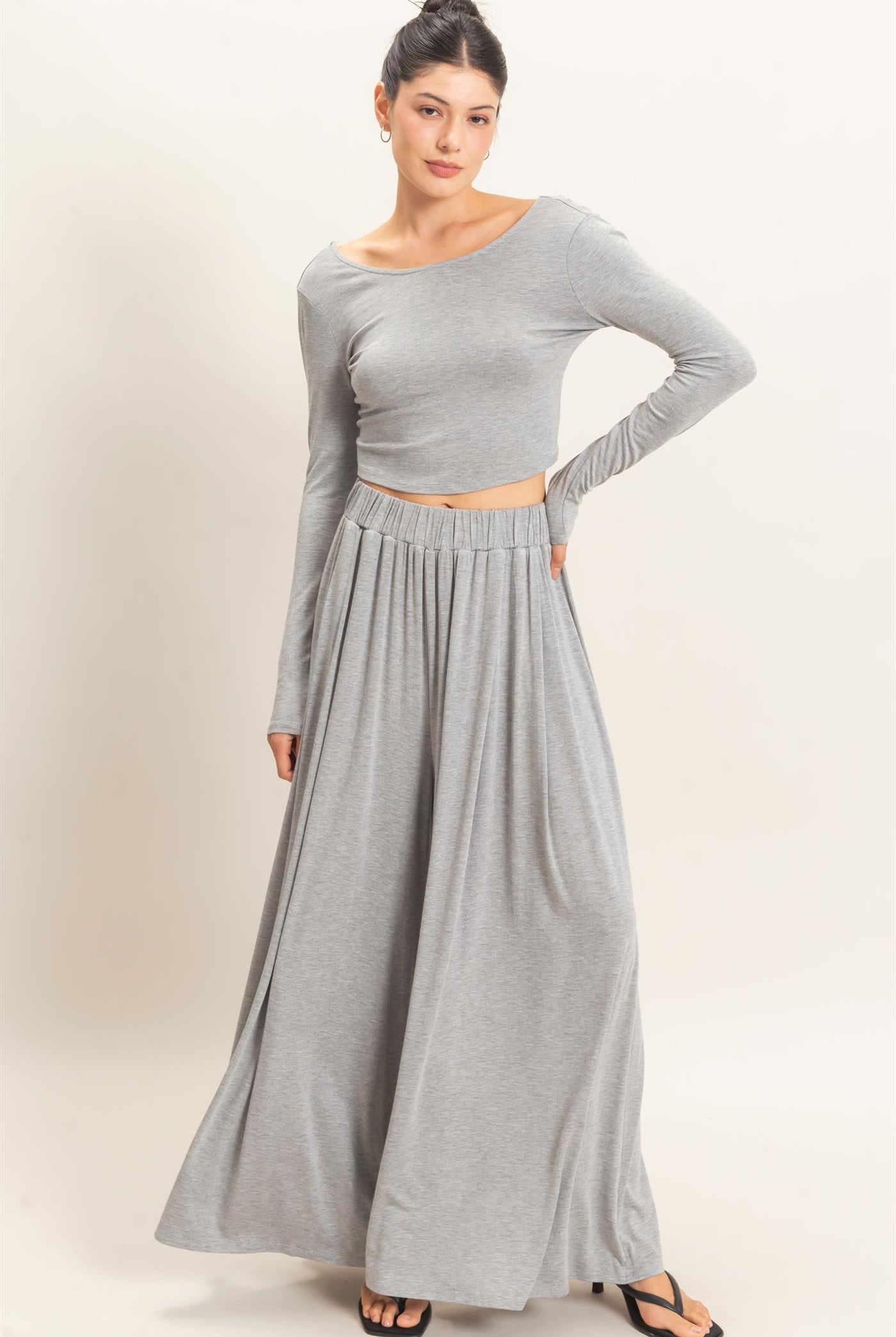 Wholesale Long Sleeve Top & Wide Leg Pants Set Clothing HF26F227-SET-D H.GRAY HYFVE