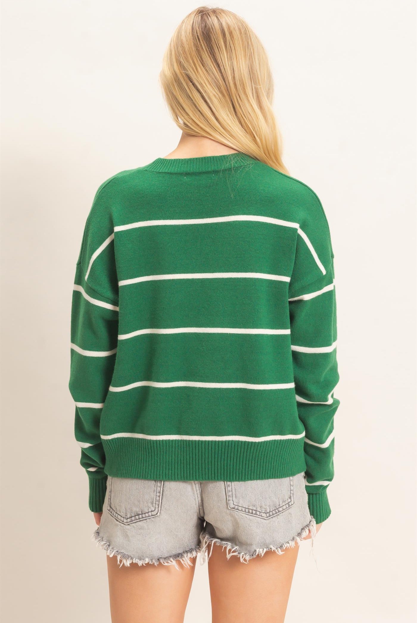 Wholesale Striped Ribbed Crew Neck Sweater Sweaters HF26F169 GREEN HYFVE