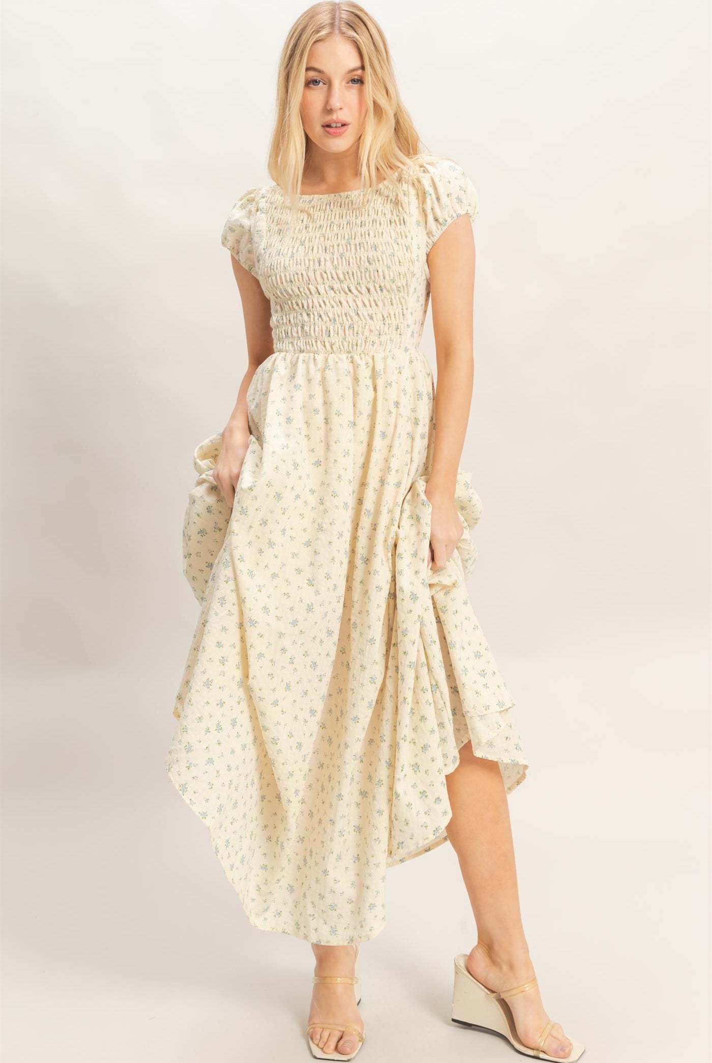 Wholesale Smocked Floral Maxi Dress Dresses HF26C262 BLUE HYFVE