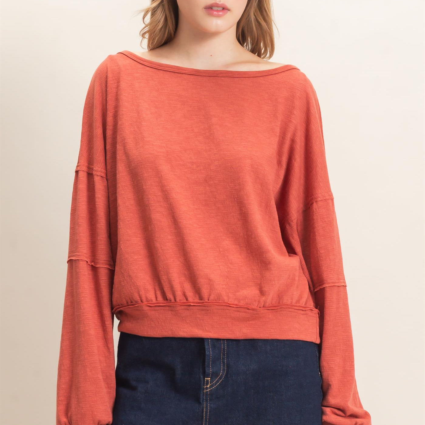 Wholesale Relaxed Boat Neck Long Sleeve Top Clothing Tops HF25F340 BRICK HYFVE