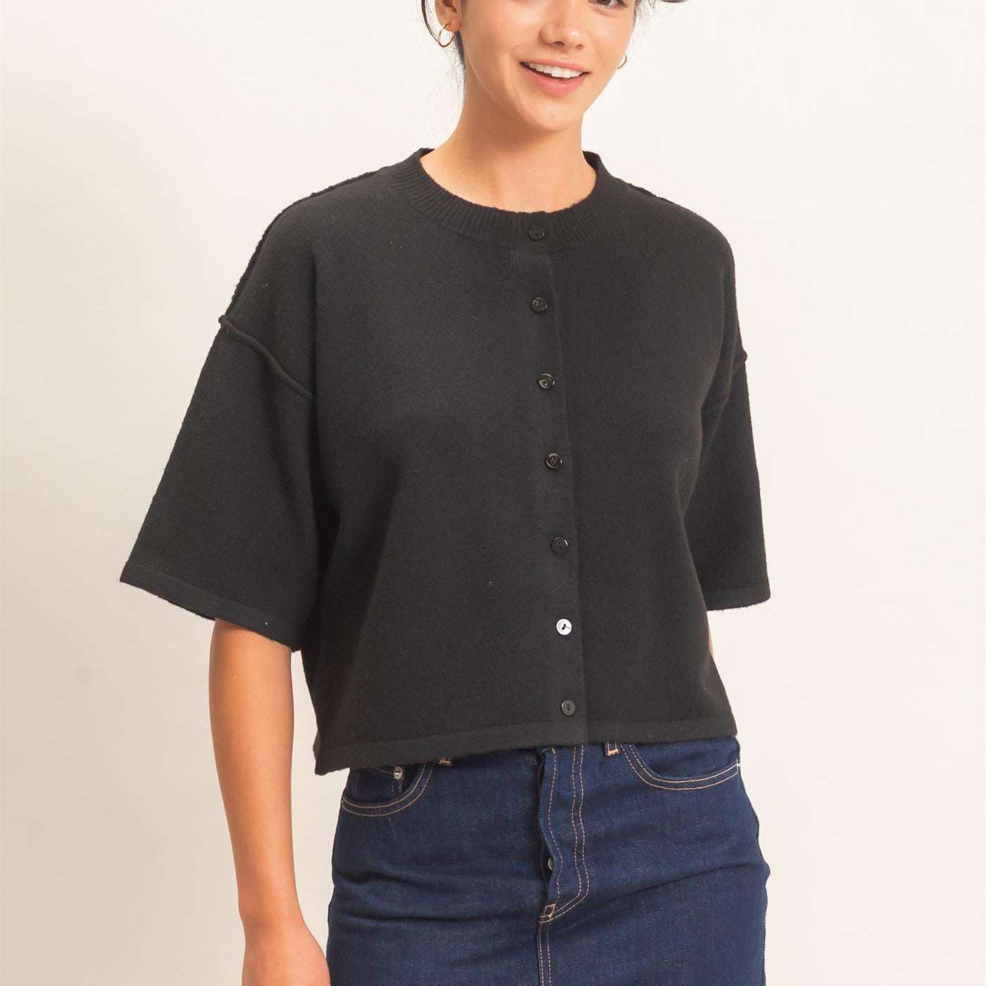 Wholesale Drop Shoulder Short Sleeve Cardigan Cardigans DZ26E238 BLACK DOUBLE ZERO