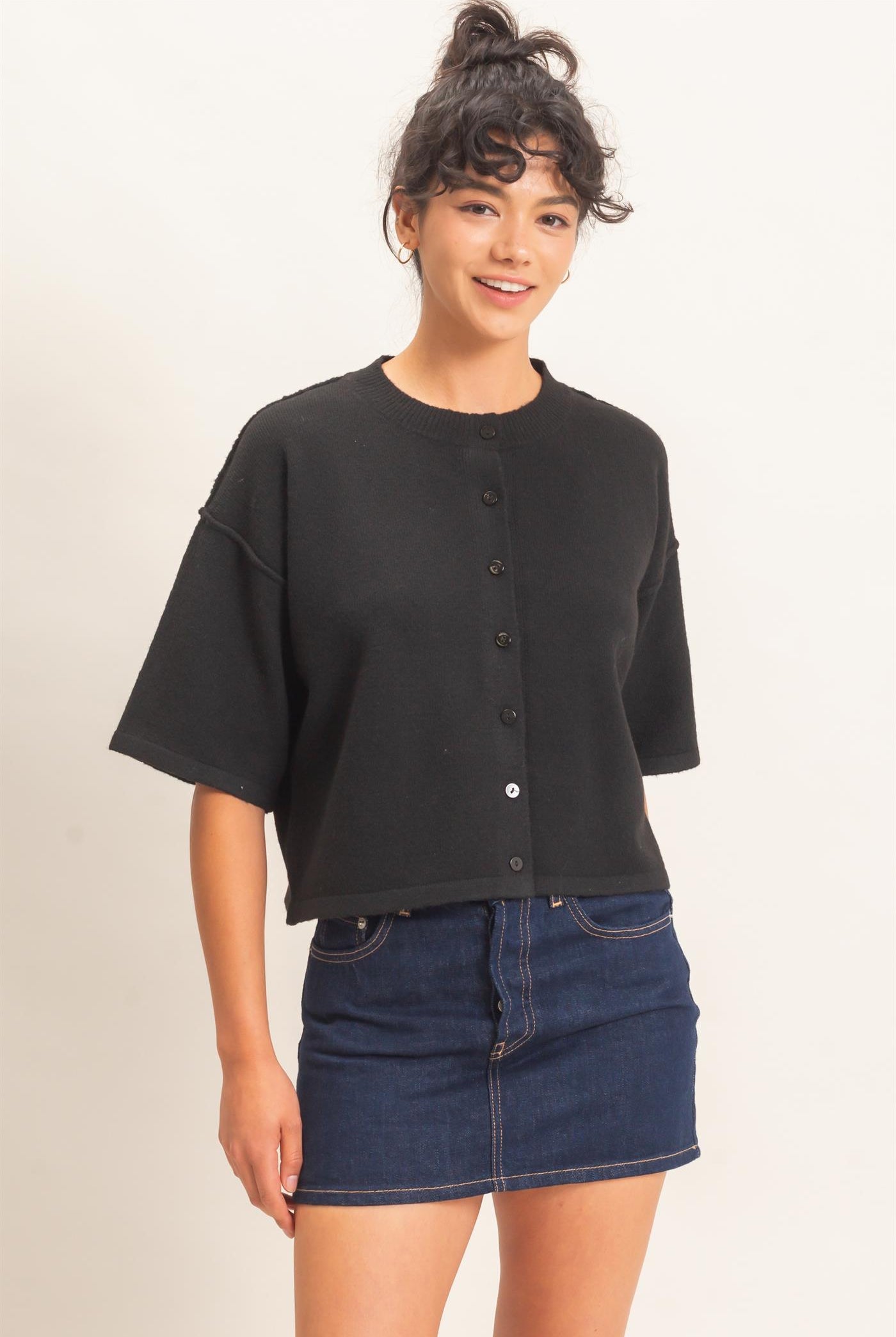 Wholesale Drop Shoulder Short Sleeve Cardigan Cardigans DZ26E238 BLACK DOUBLE ZERO
