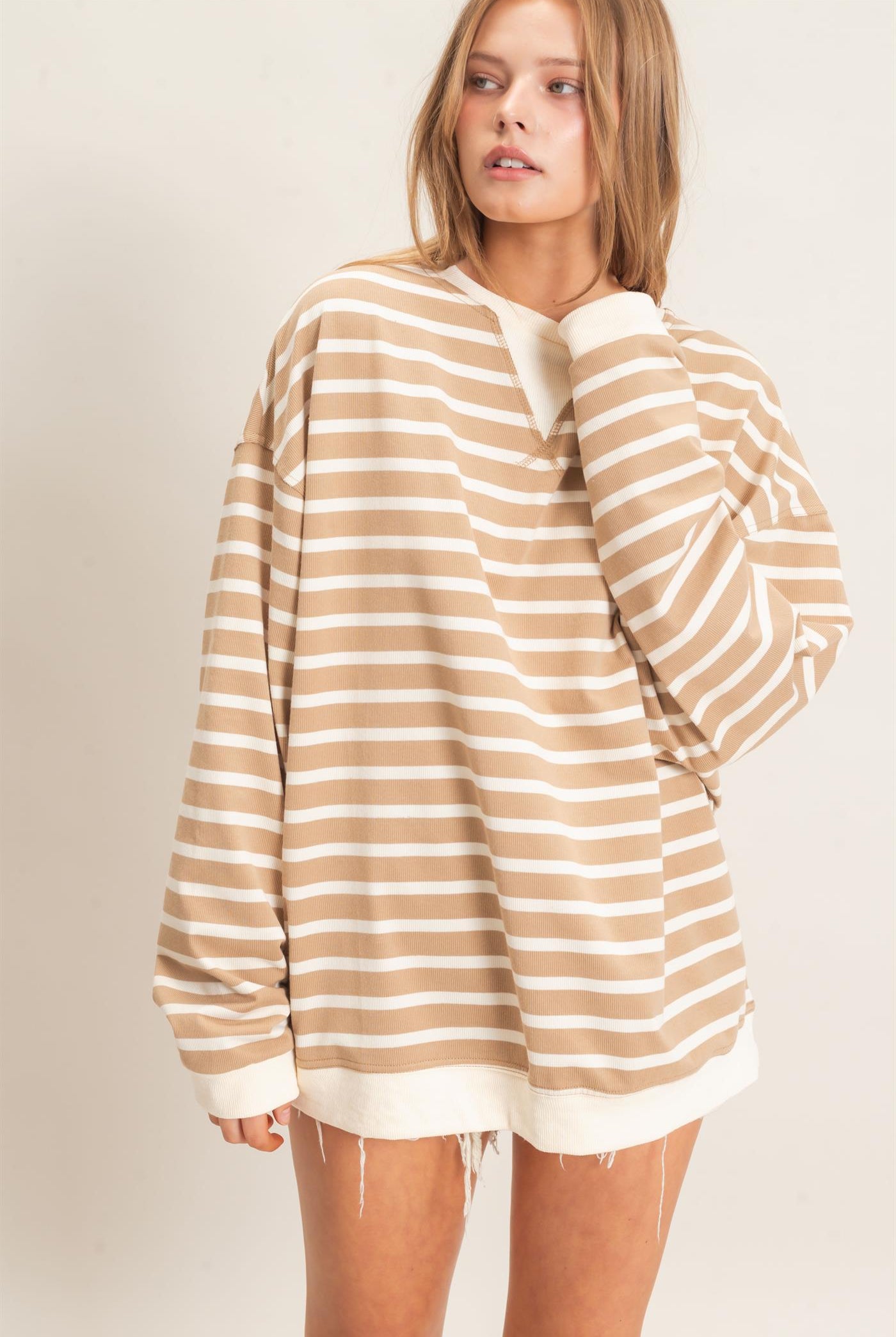 Wholesale Striped Long Sleeve Pullover Sweatshirts HF26F077 TAUPE/CREAM HYFVE