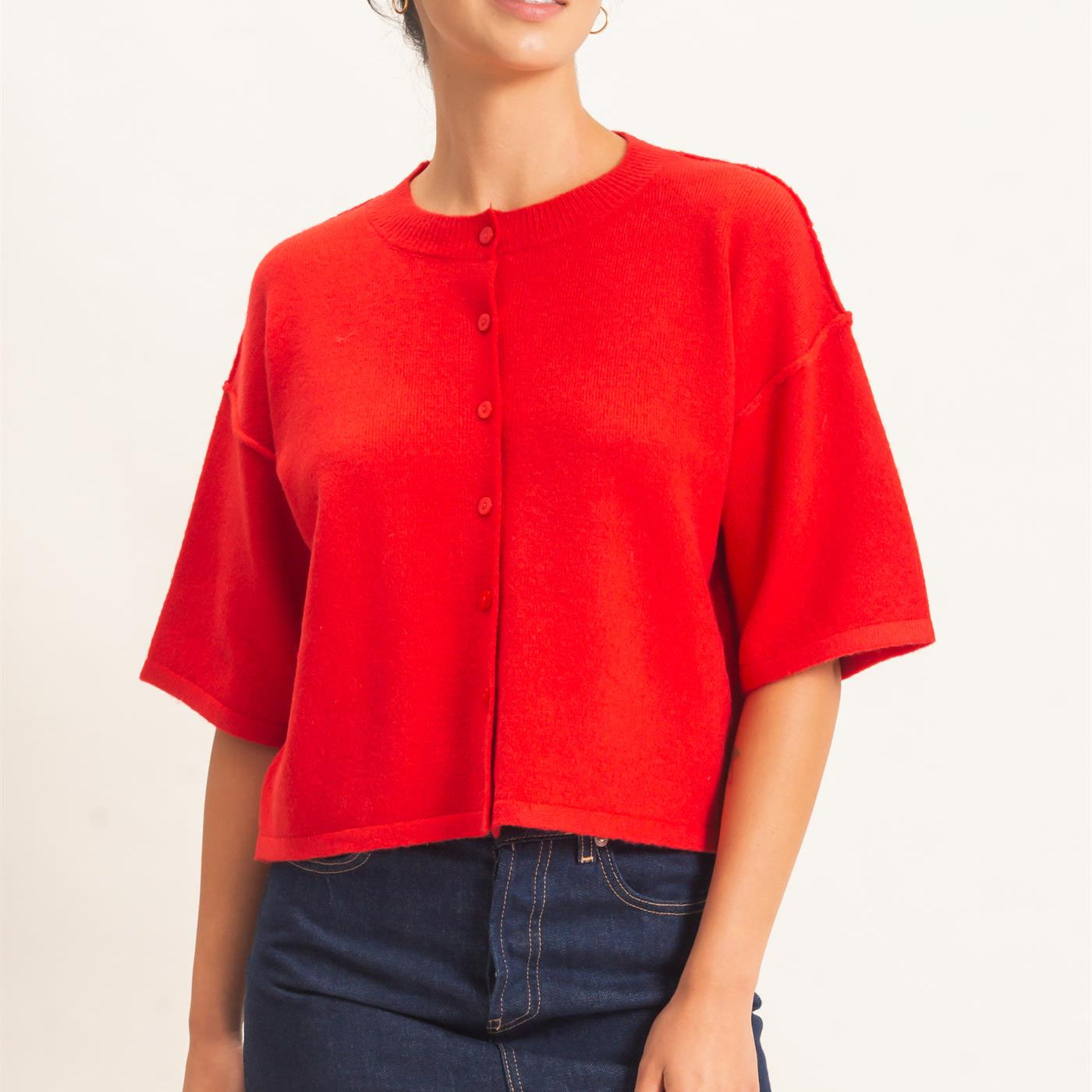 Wholesale Drop Shoulder Short Sleeve Cardigan Cardigans DZ26E238 RED DOUBLE ZERO