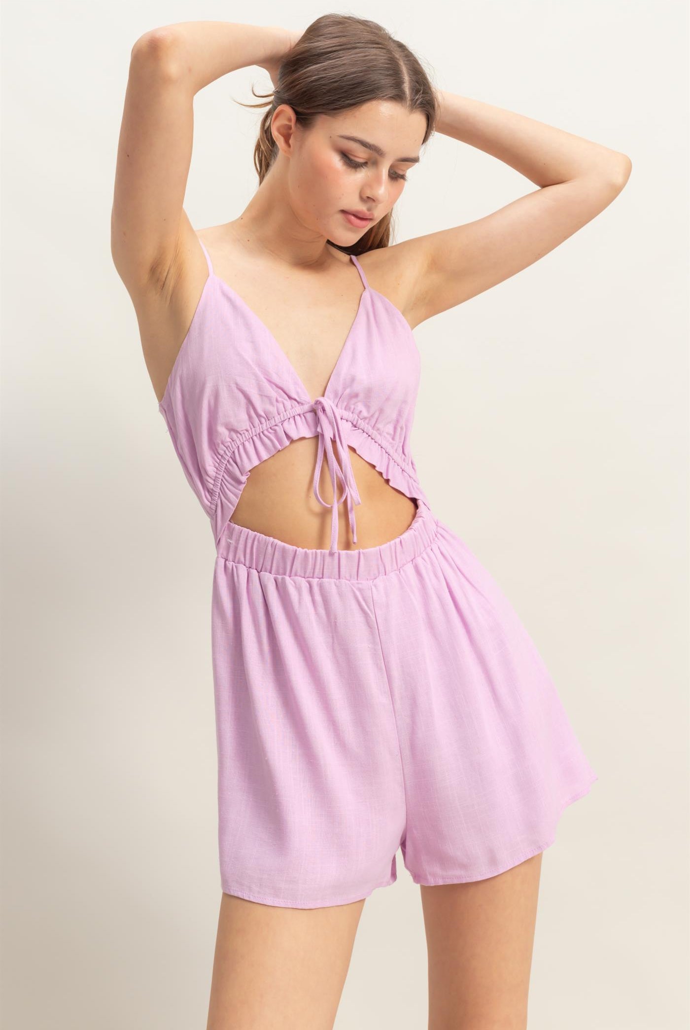 Wholesale Plunging V-Neck Cutout Linen Romper Clothing HF25A248 LAVENDER HYFVE