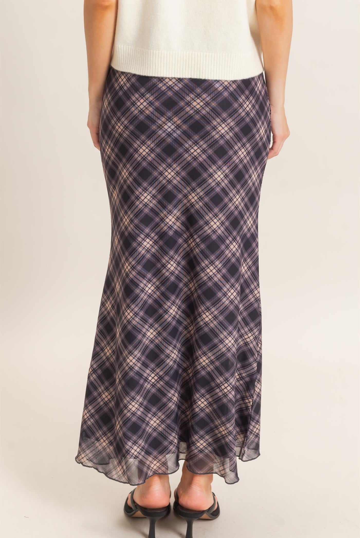 Wholesale Printed Mesh Maxi Skirt Skirts HF26F214 BLACK/PLAID HYFVE