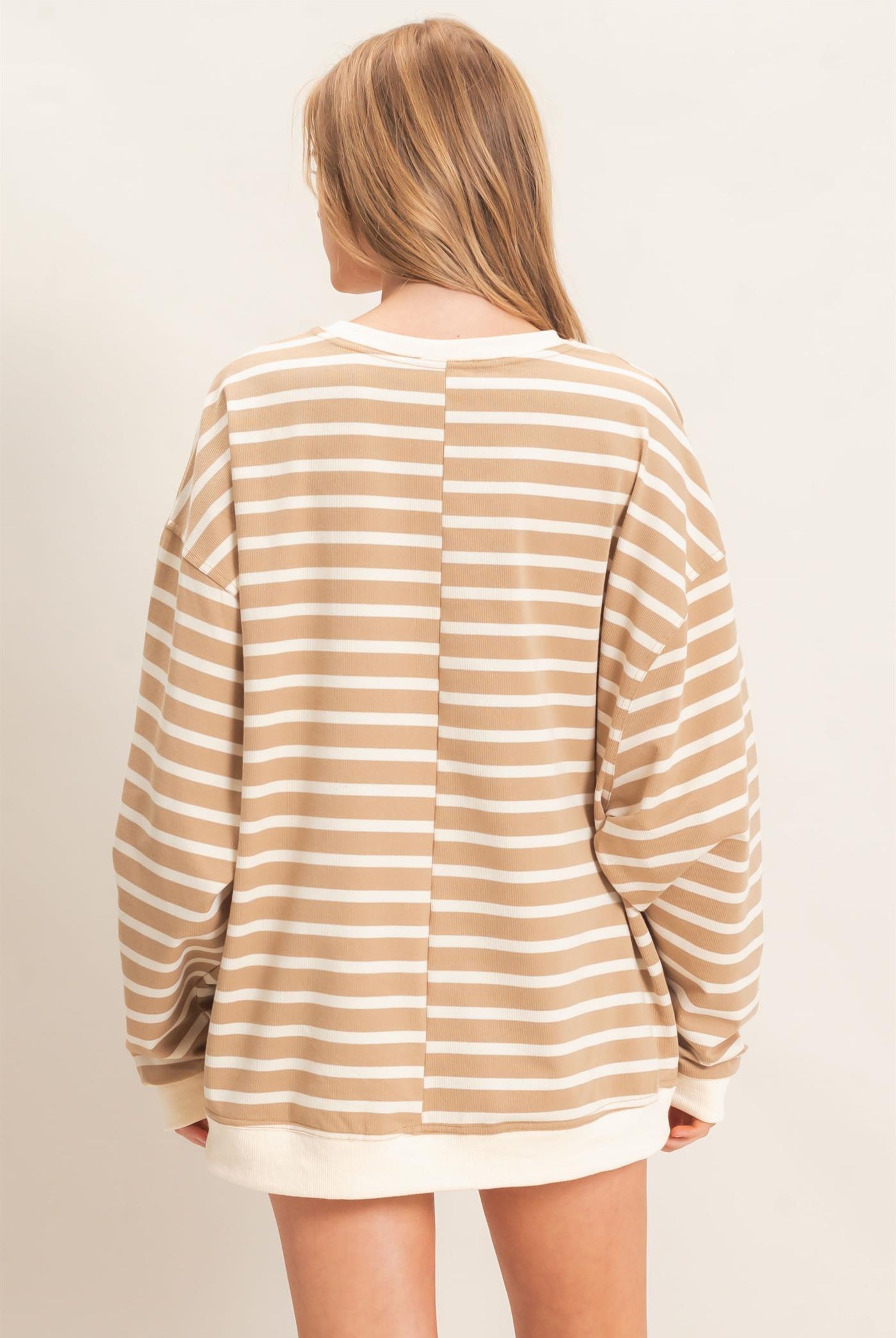 Wholesale Striped Long Sleeve Pullover Sweatshirts HF26F077 TAUPE/CREAM HYFVE