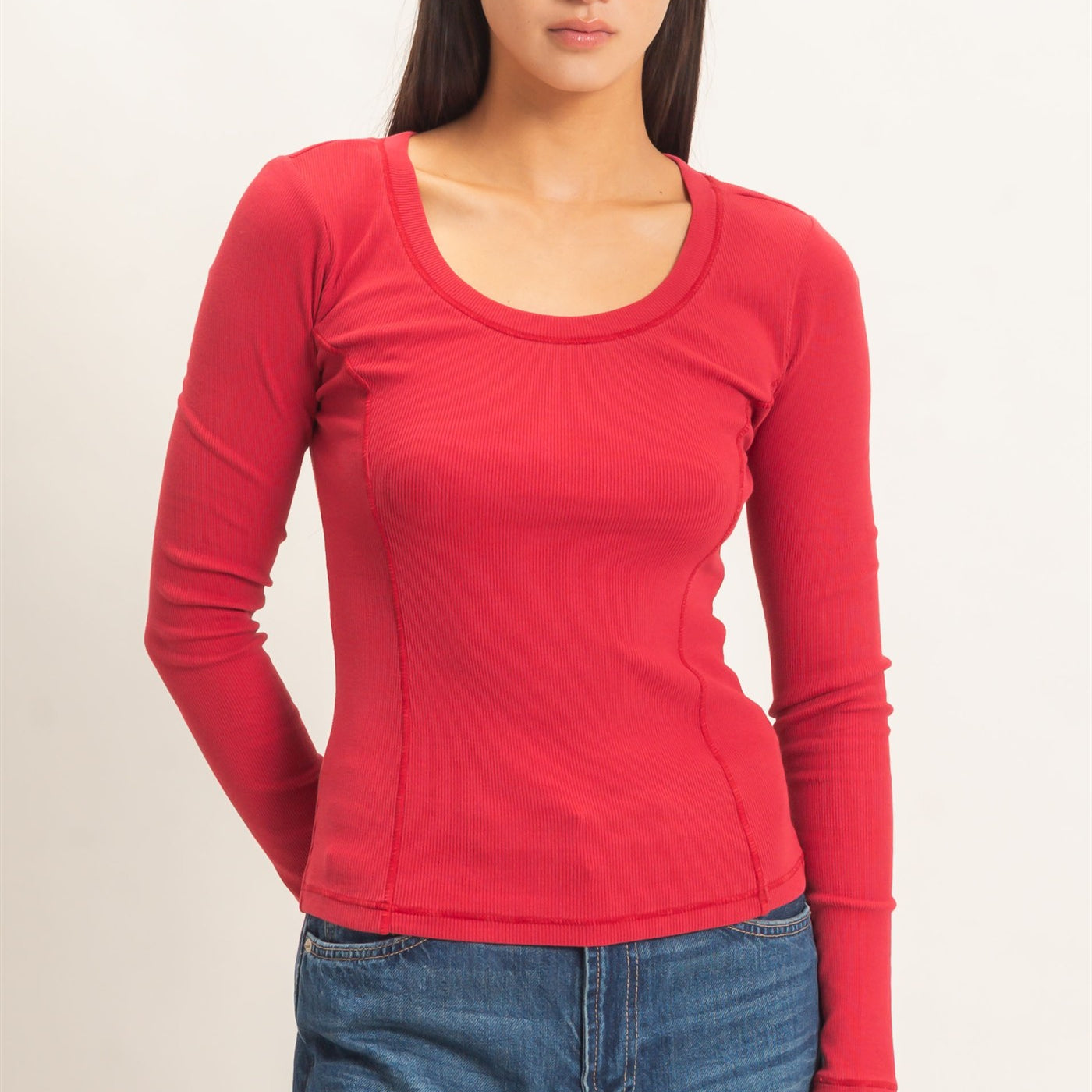 Wholesale Pigment Dye Seam Detail Scoop Neck Top Clothing Tops DZ26E242 DARK RED DOUBLE ZERO