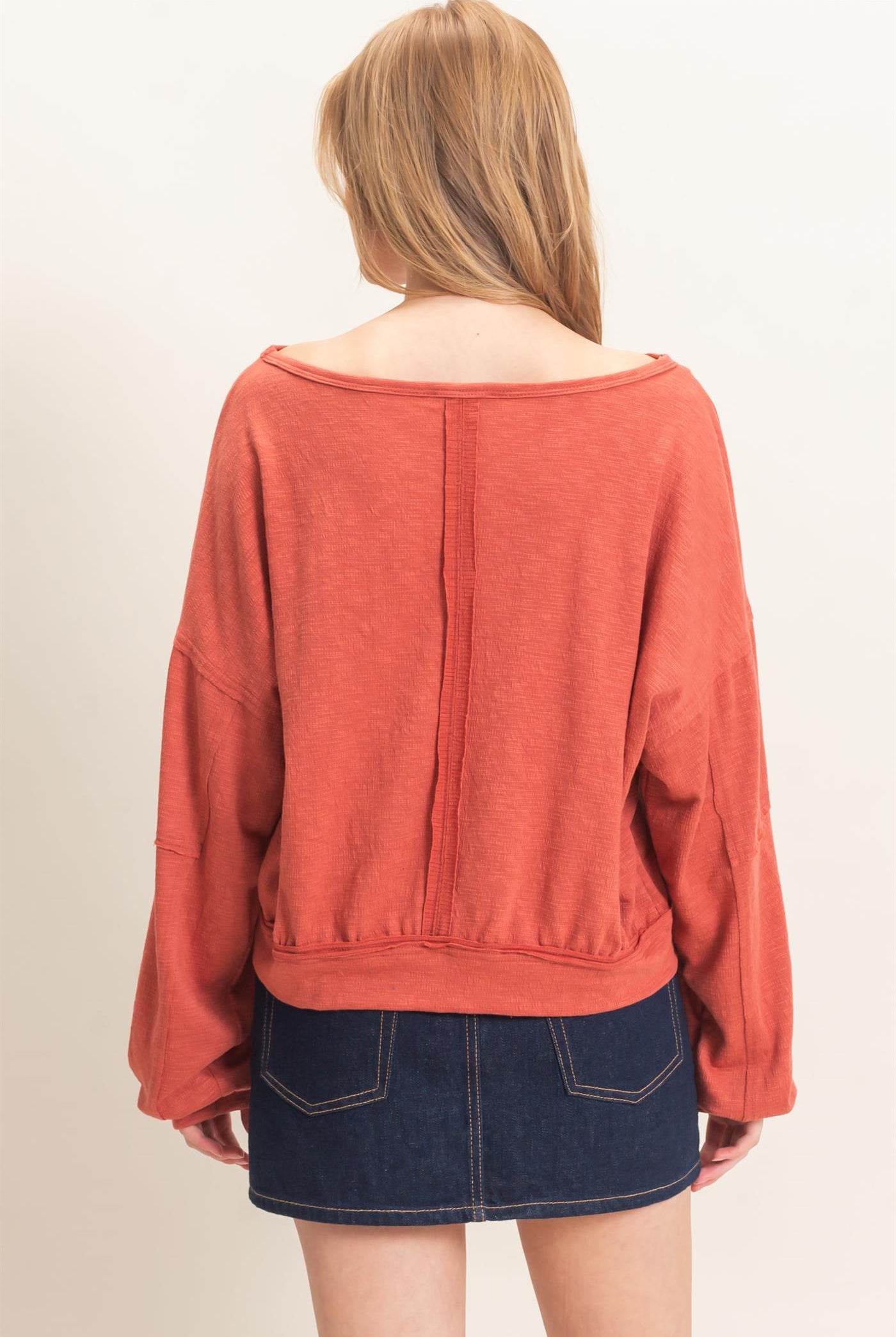 Wholesale Relaxed Boat Neck Long Sleeve Top Clothing Tops HF25F340 BRICK HYFVE