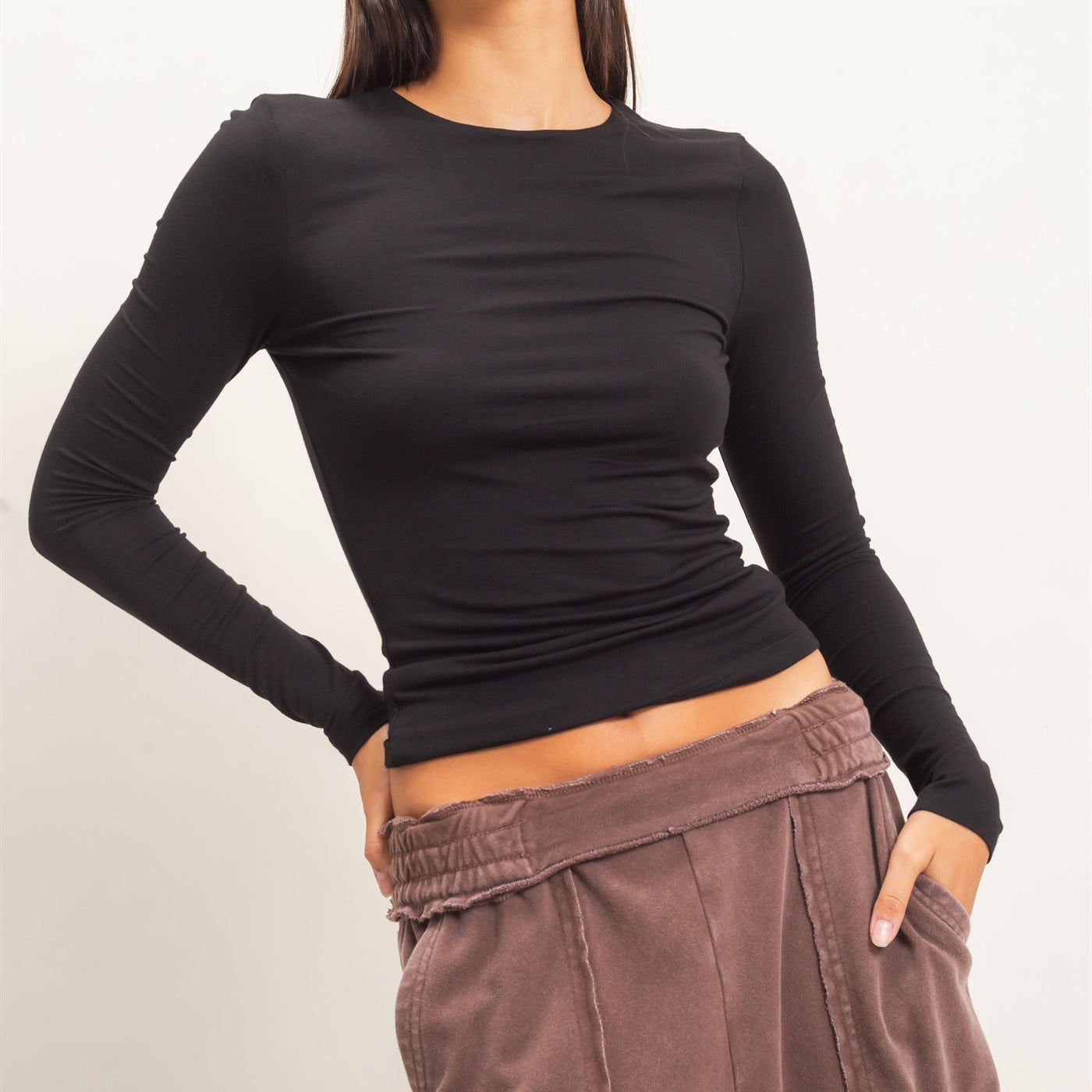 Wholesale Crew Neck Long Sleeve Top Clothing Tops DZ26E978 BLACK DOUBLE ZERO