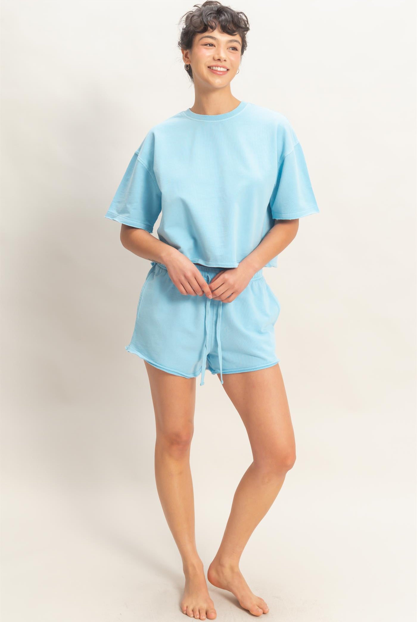 Wholesale Short Sleeve Crew Neck Top And Shorts Set Clothing DZ26C668-SET BLUE DOUBLE ZERO