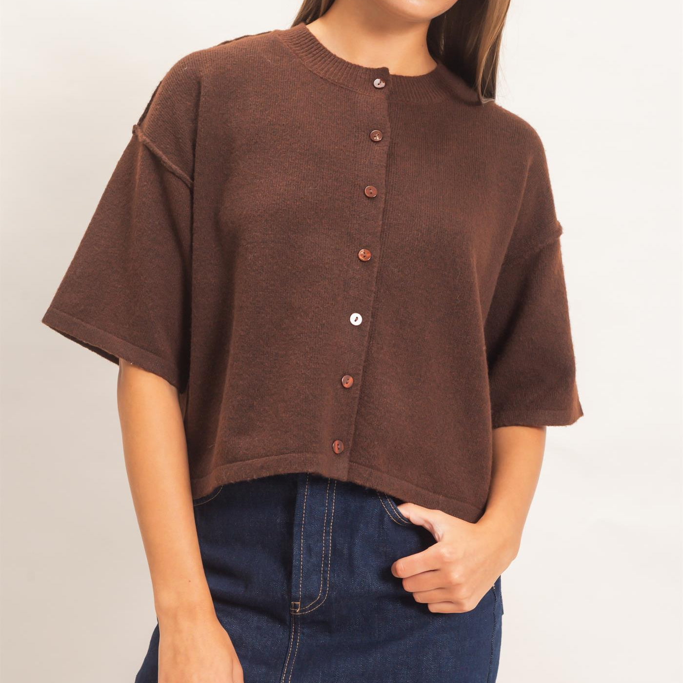 Wholesale Drop Shoulder Short Sleeve Cardigan Cardigans DZ26E238 DARK BROWN DOUBLE ZERO