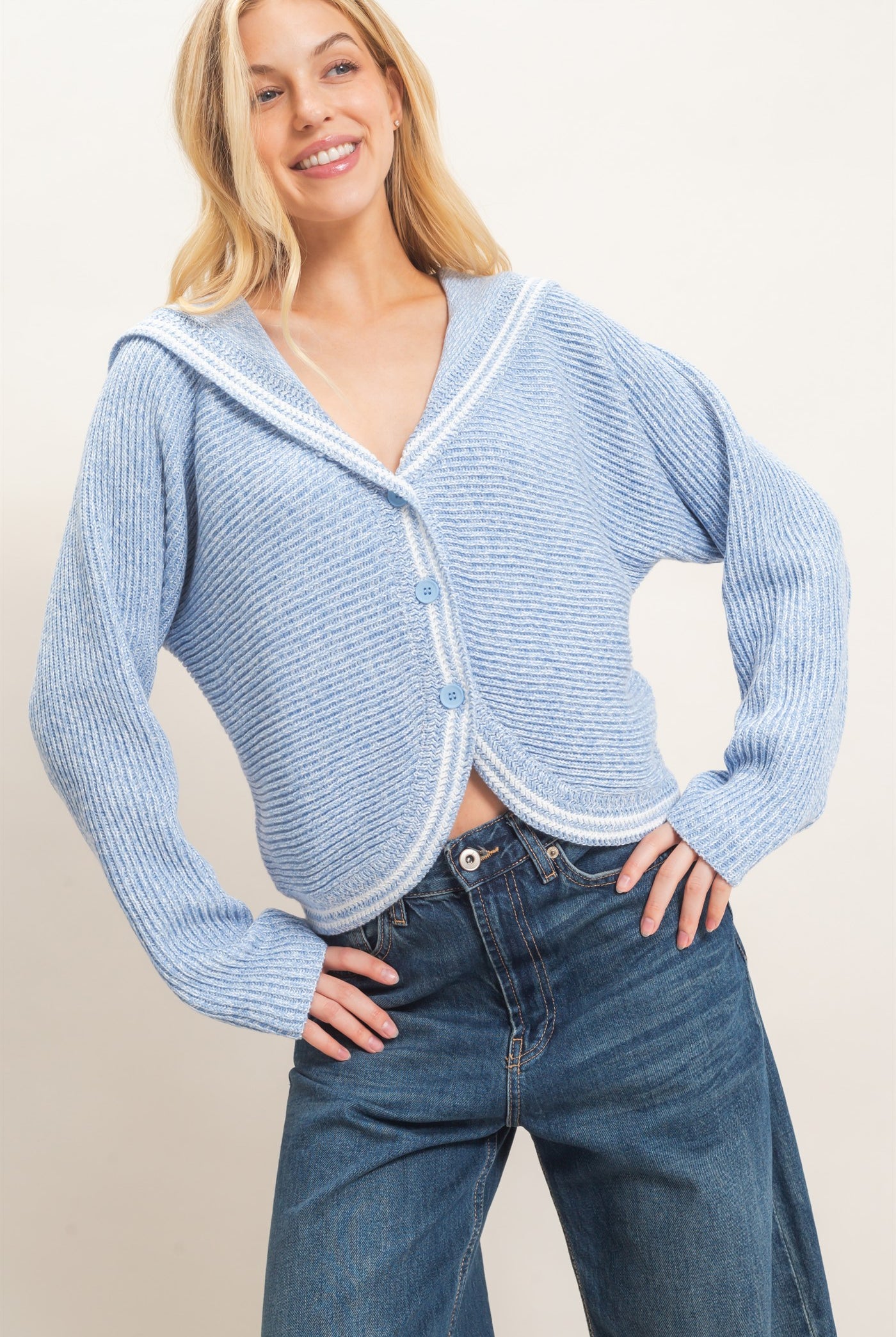 Wholesale Ribbed Button-Up Cardigan Cardigans HF26E036 BLUE HYFVE