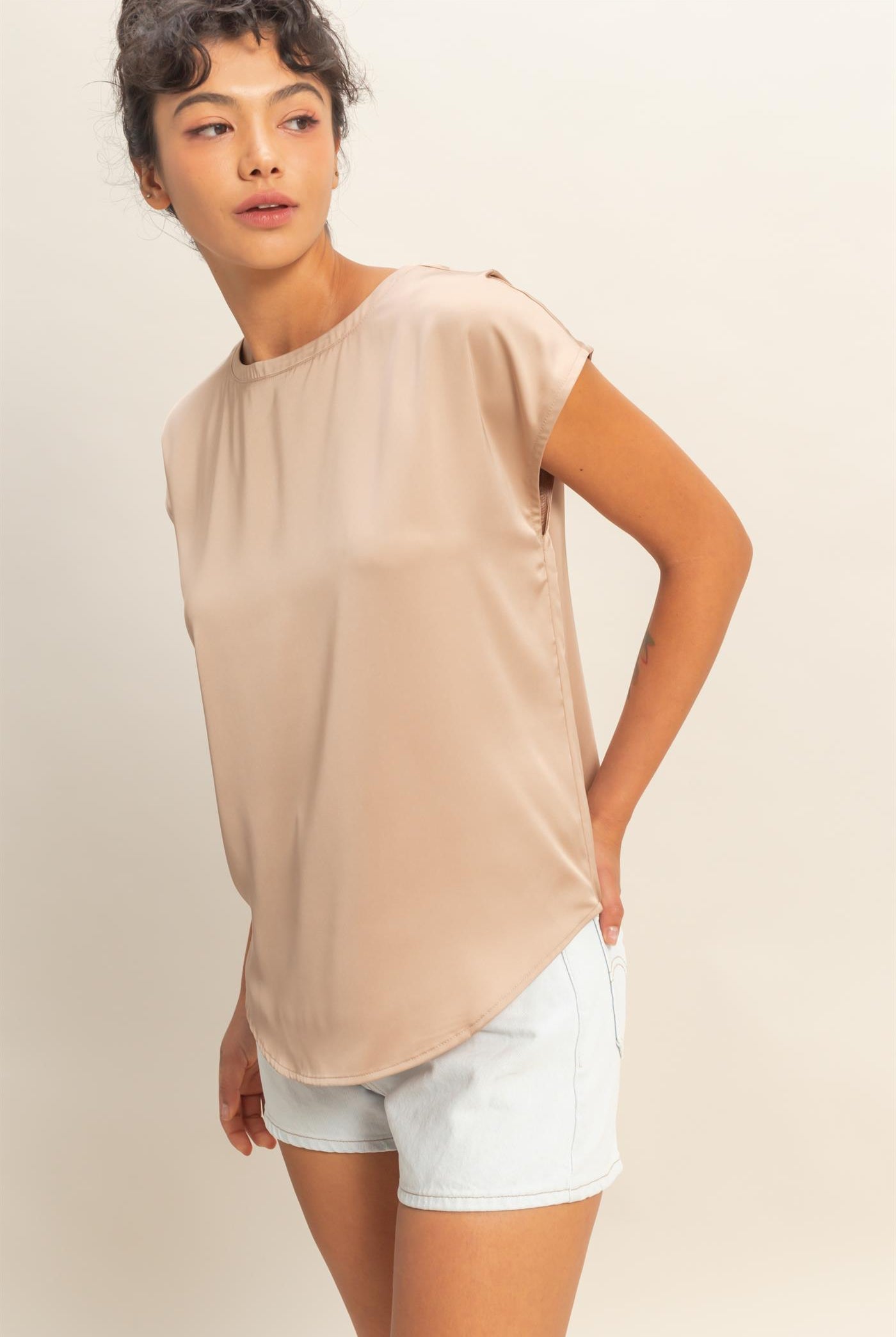 Wholesale Satin Dolman Sleeve Round Neck Blouse Clothing Tops DZ26C181 DARK TAUPE DOUBLE ZERO