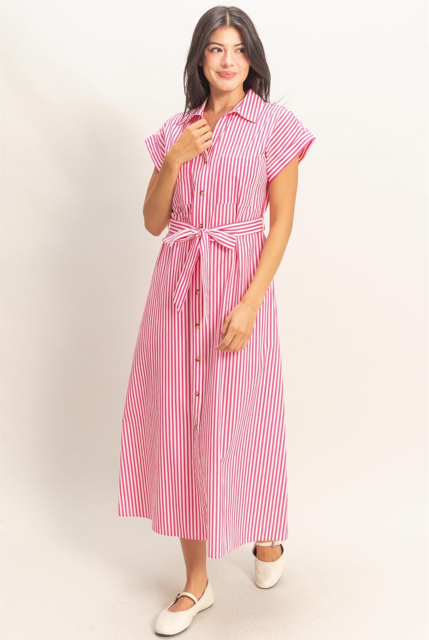 Wholesale Striped Poplin Belted Shirt Dress With Pockets Dresses DZ26C129 PINK DOUBLE ZERO
