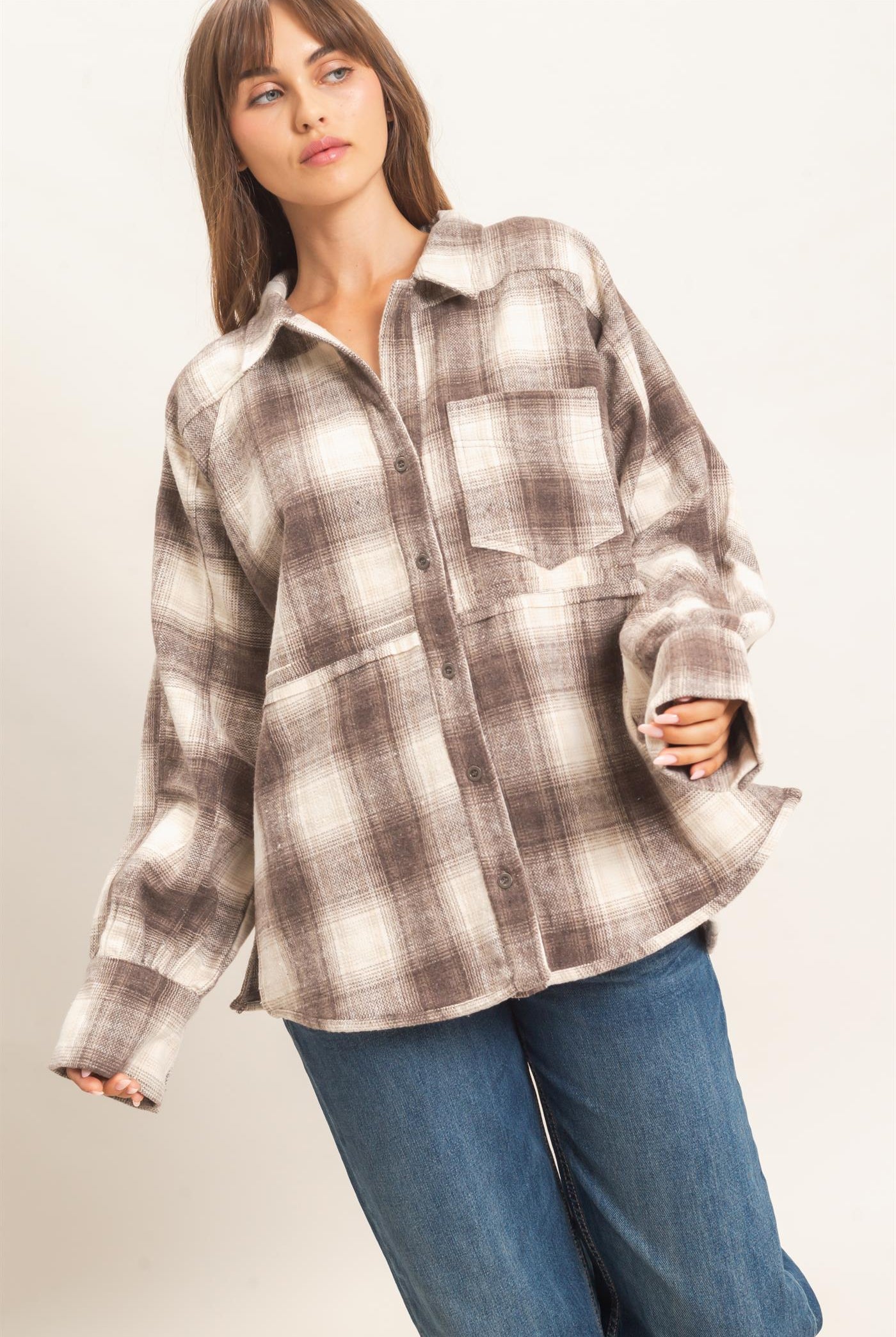 Wholesale Plaid Flannel Shirt Clothing Tops HF26C863 BROWN HYFVE