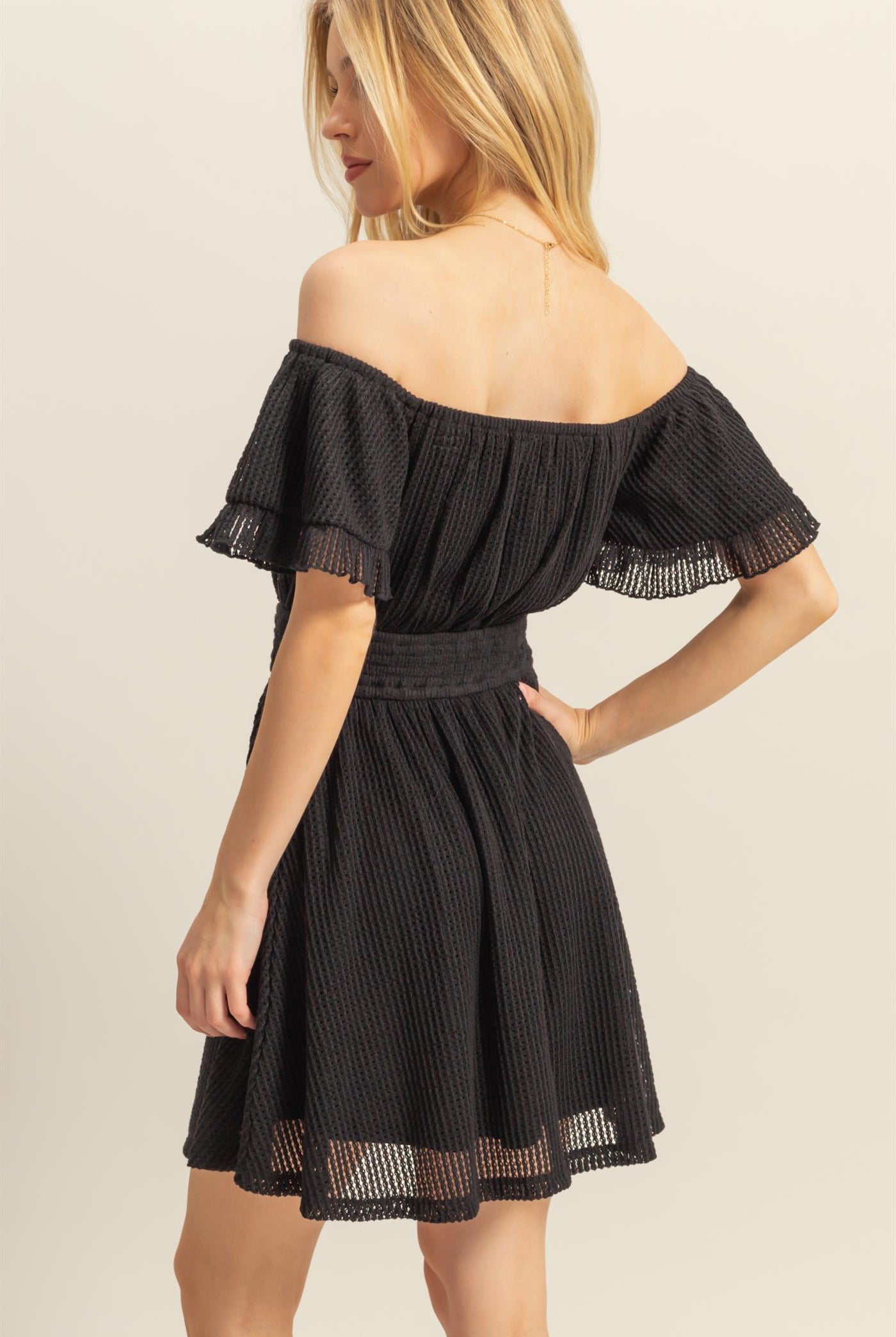 Wholesale Crochet Off-The-Shoulder Mini Dress Dresses HF25E125 BLACK HYFVE