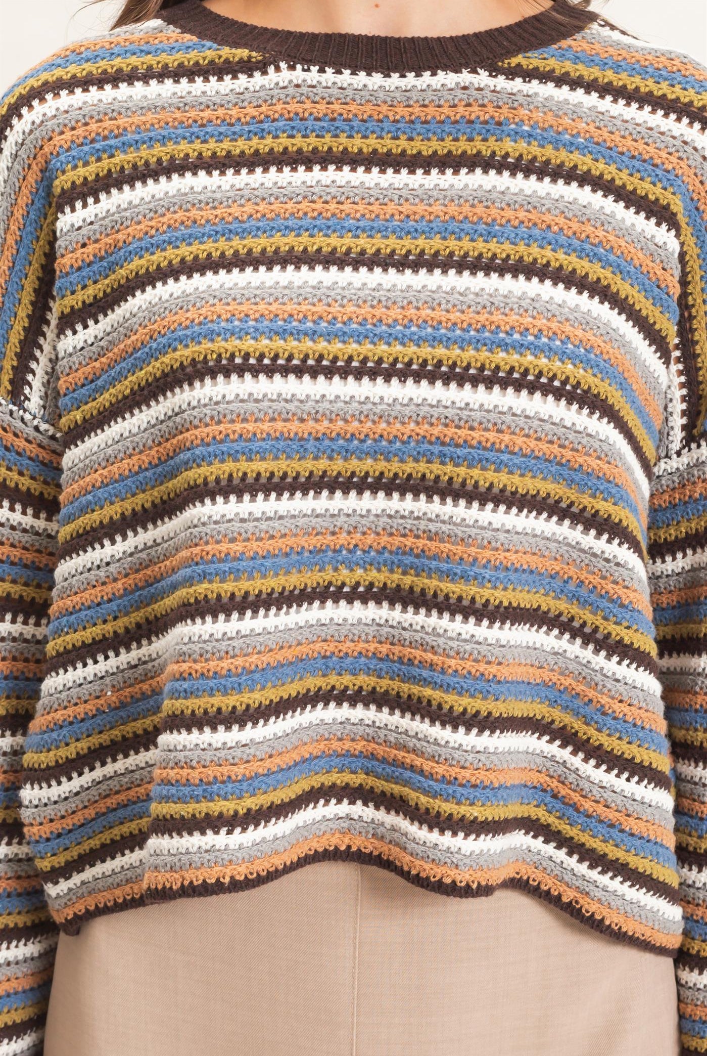 Wholesale Striped Boat Neck Sweater Sweaters HF26E681 BROWN COMBO HYFVE