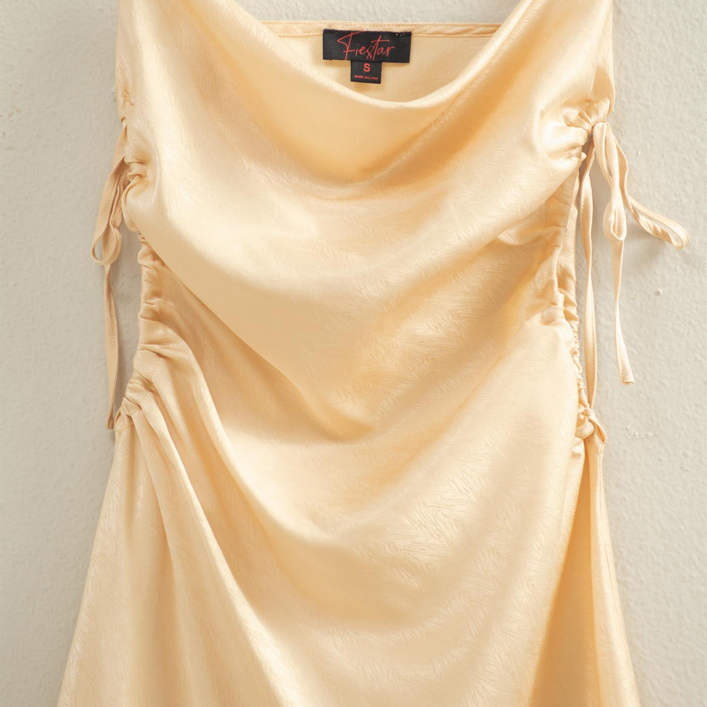 Wholesale Satin Ruched Side Cutout Mini Dress Dresses FS22A672 SAND HYFVE