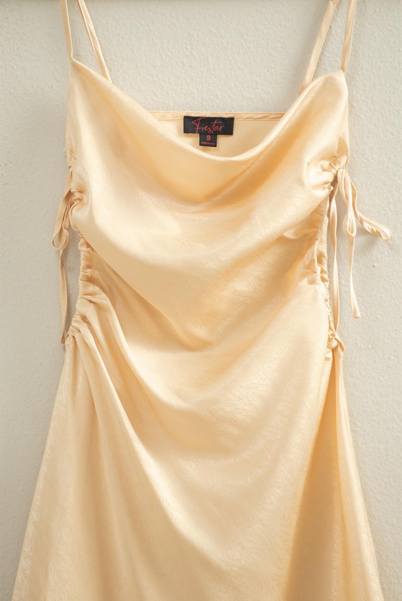 Wholesale Satin Ruched Side Cutout Mini Dress Dresses FS22A672 SAND HYFVE