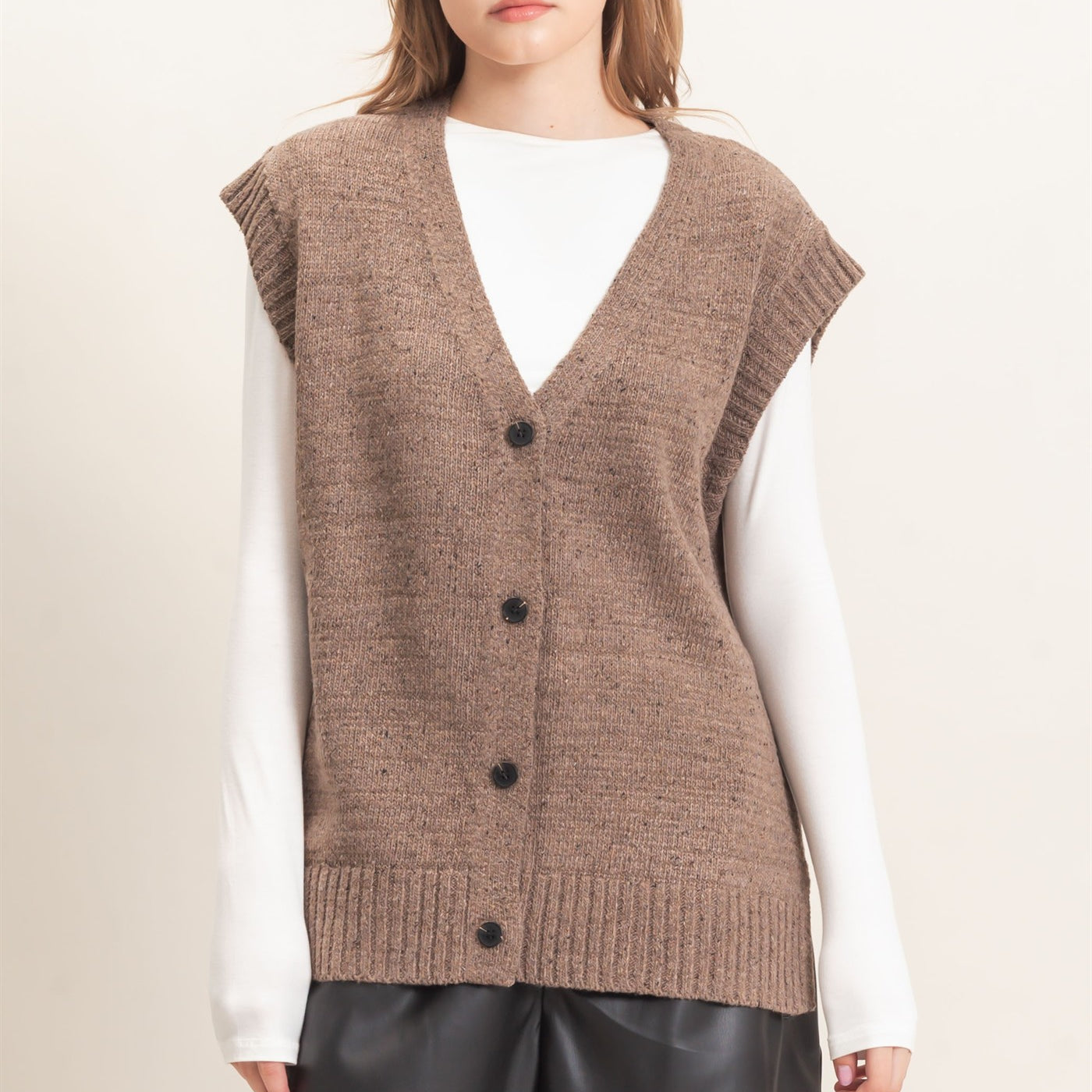 Wholesale V-Neck Knit Vest Sweaters HF26E484 MOCHA HYFVE