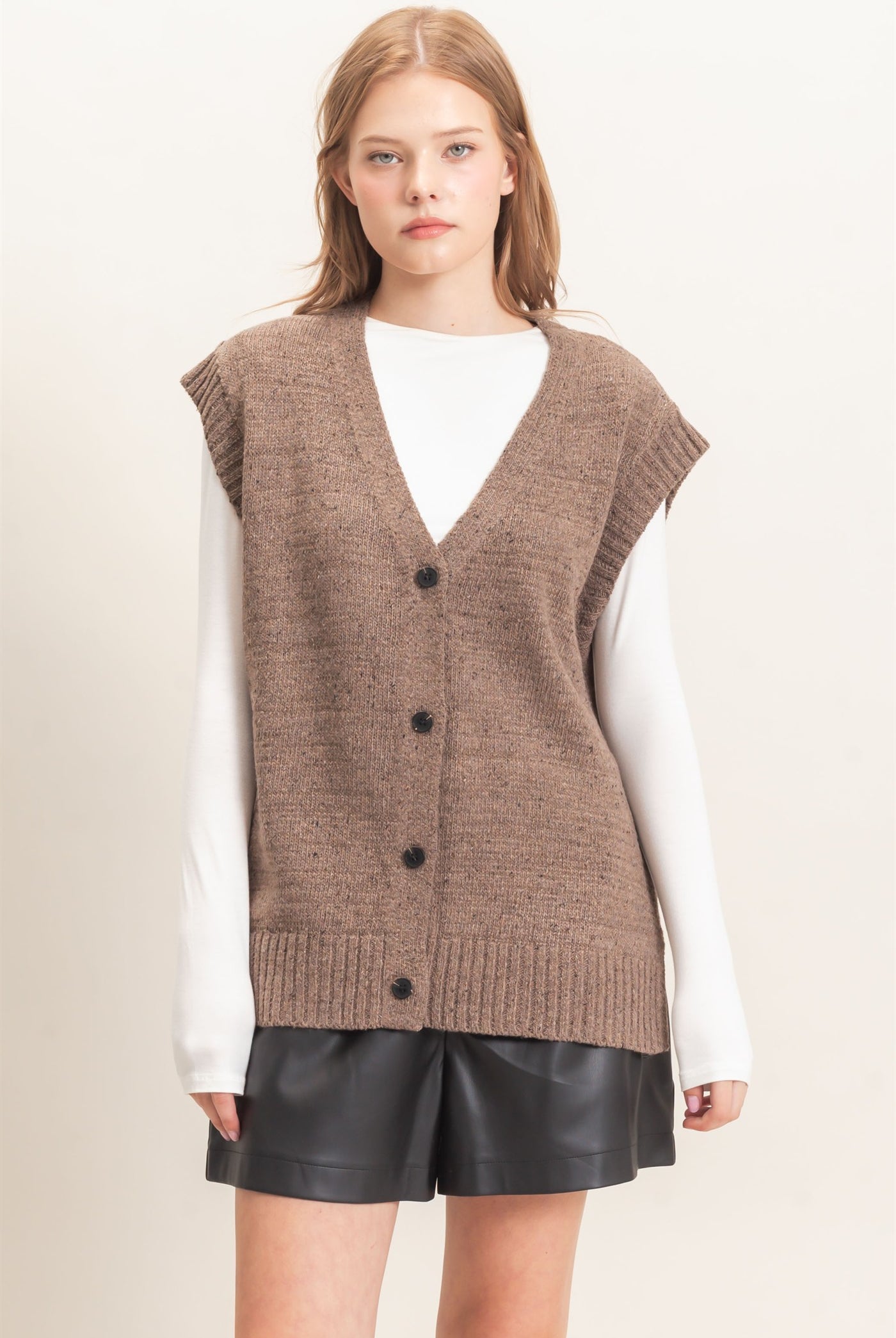 Wholesale V-Neck Knit Vest Sweaters HF26E484 MOCHA HYFVE