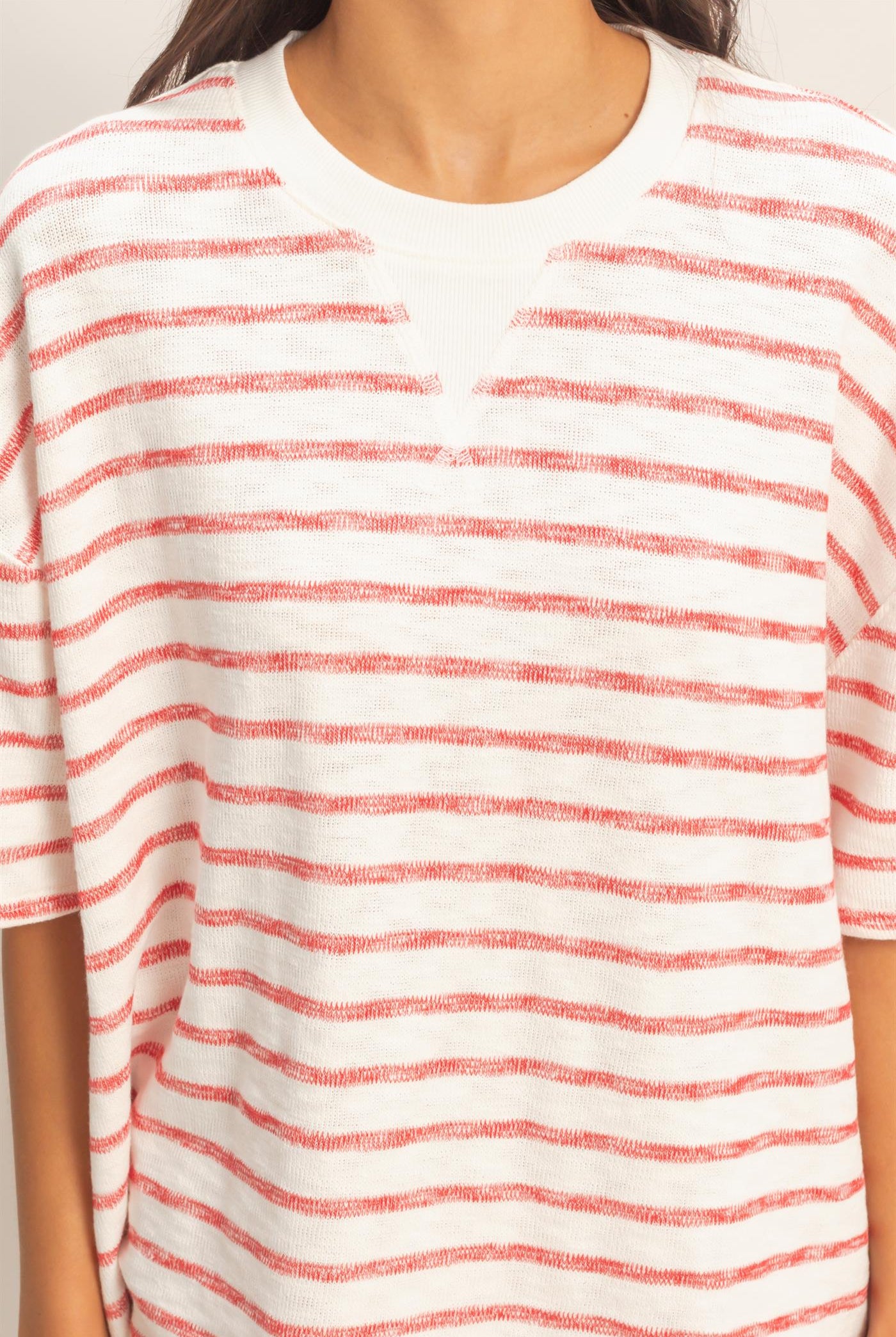 Wholesale Oversized Striped V-Stitch Short Sleeve Top Clothing Tops DZ26A455 RED DOUBLE ZERO