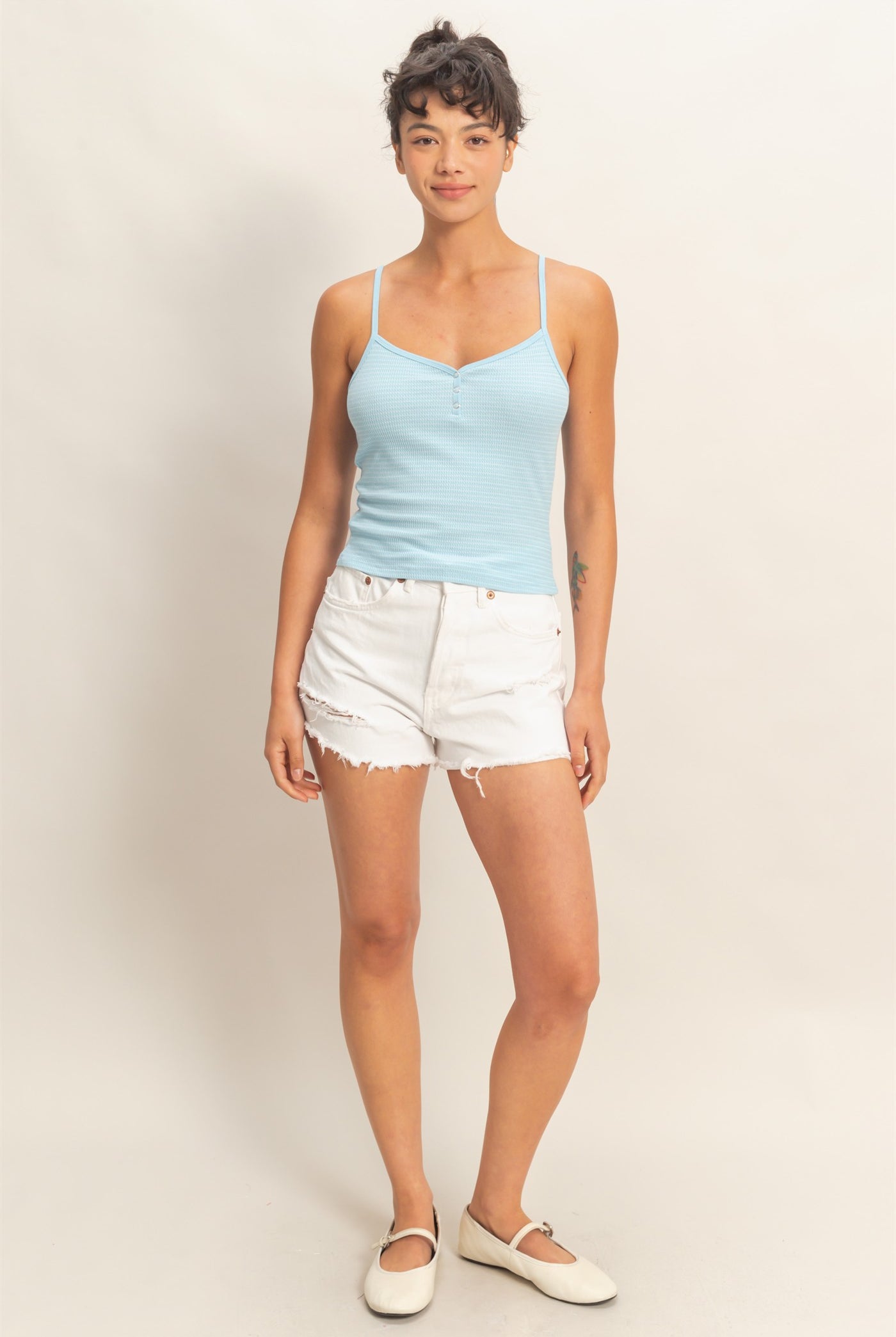 Wholesale Striped Snap-Button Henley Cami Top Camisoles DZ26A885 BABY BLUE DOUBLE ZERO