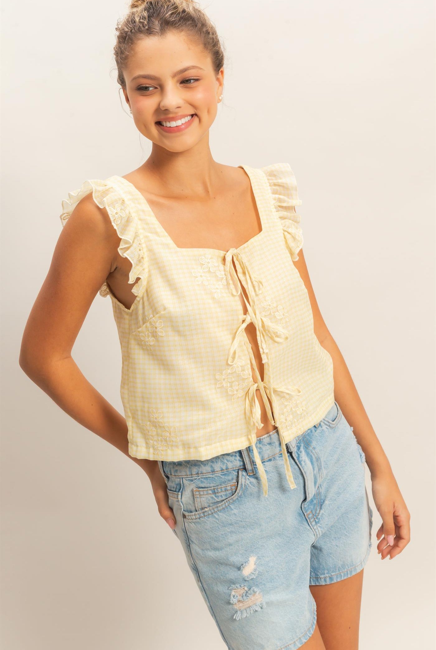 Wholesale Embroidered Gingham Tie Front Top Clothing HF26A501 YELLOW HYFVE